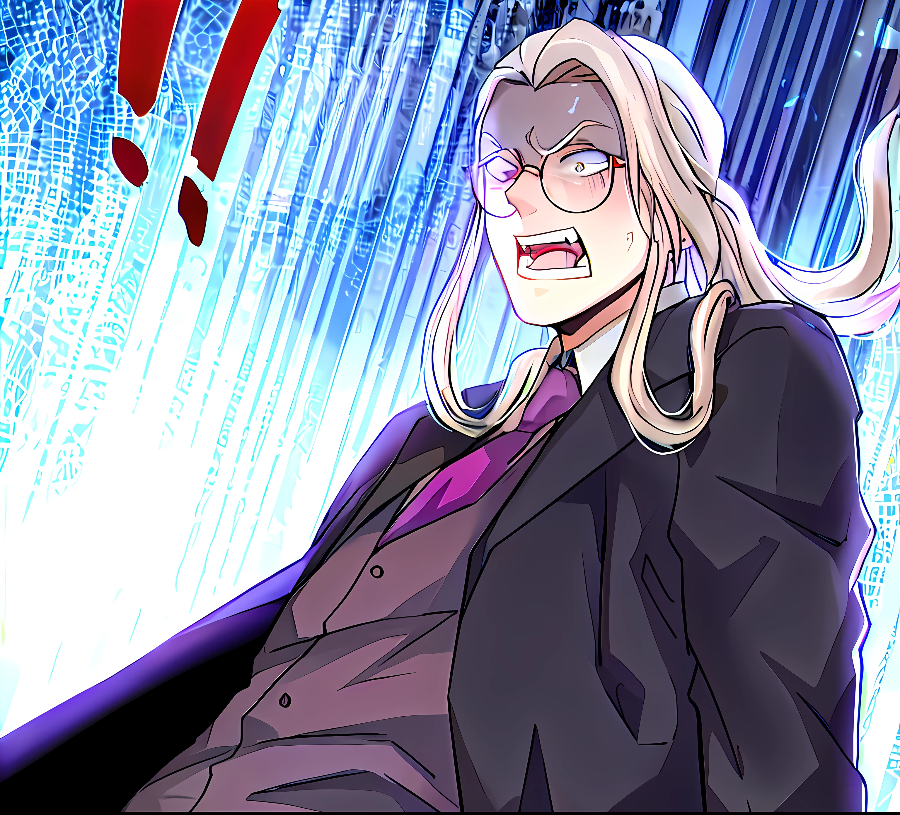 wears glasses、Anime image of woman in suit and tie, johan liebert mixed with alucard, nagito komaeda, joe biden as an anime villain, he has dark grey hairs, digital art from danganronpa, hajime yatate, he's very menacing and evil, nagito komaeda from danganronpa