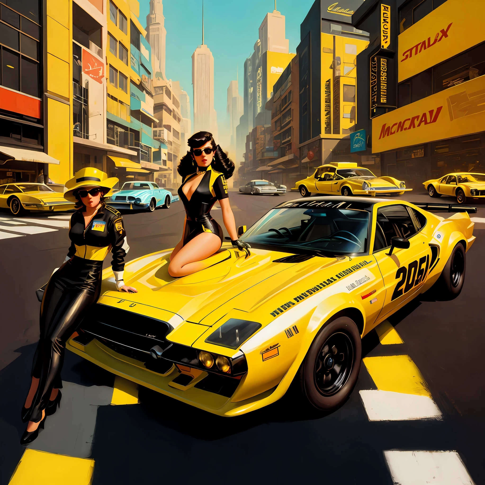 there is a woman driving a yellow race car on a city street, inspired by Kilian Eng, inspired by Jim Steranko, in style of syd mead, inspired by Syd Mead, the style of syd mead, dan mcpharlin : : ornate, dan mcpharlin, syd mead and mark brooks, syd mead style, syd mead cinematic painting, martin ansin