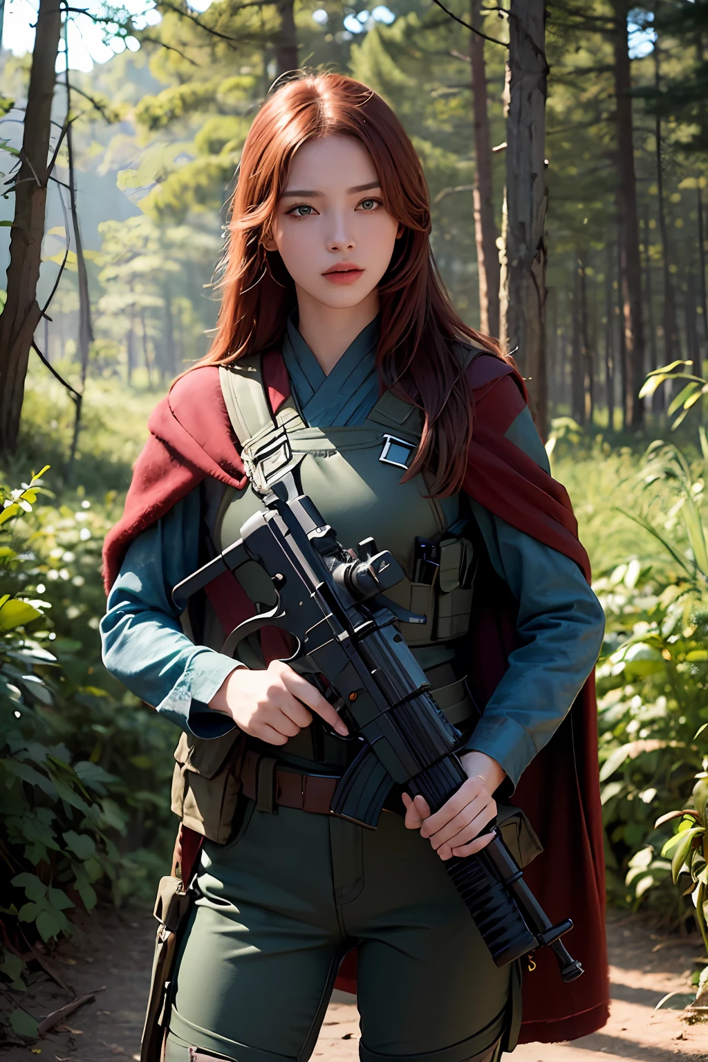 1girl, (photorealistic)++, beautiful lighting, masterpiece++, best quality++, realistic, full body portrait, real picture, intricate details, depth of field, 1girl, A very muscular solider girl with red hair holding a rifle, dark green camo military uniform, long camo cape, holding a assault rifle, m4a1, inside a forrest, highly-detailed, perfect face, blue eyes, lips, wide hips, small waist, tall, make up, Fujifilm XT3, professional majestic photograph by Ed Blinkey, Atey Ghailan, Studio Ghibli, by Jeremy Mann, Greg Manchess, Antonio Moro, trending on ArtStation, trending on CGSociety, Intricate, High Detail, Sharp focus, dramatic, photorealistic painting art by midjourney and greg rutkowski , RAW photo, 8k uhd, film grain, Chinese military uniform, bulletproof vest, M16 . gun