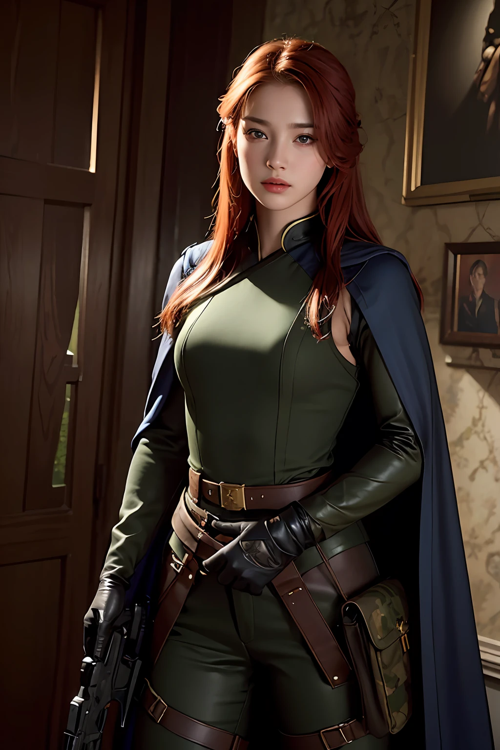 1girl, (photorealistic)++, beautiful lighting, masterpiece++, best quality++, realistic, full body portrait, real picture, intricate details, depth of field, 1girl, A very muscular solider girl with red hair holding a rifle, dark green camo military uniform, long camo cape, holding a assault rifle, m4a1, inside a forrest, highly-detailed, perfect face, blue eyes, lips, wide hips, small waist, tall, make up, Fujifilm XT3, professional majestic photograph by Ed Blinkey, Atey Ghailan, Studio Ghibli, by Jeremy Mann, Greg Manchess, Antonio Moro, trending on ArtStation, trending on CGSociety, Intricate, High Detail, Sharp focus, dramatic, photorealistic painting art by midjourney and greg rutkowski , RAW photo, 8k uhd, film grain, Chinese military uniform, bulletproof vest, M16 . gun
