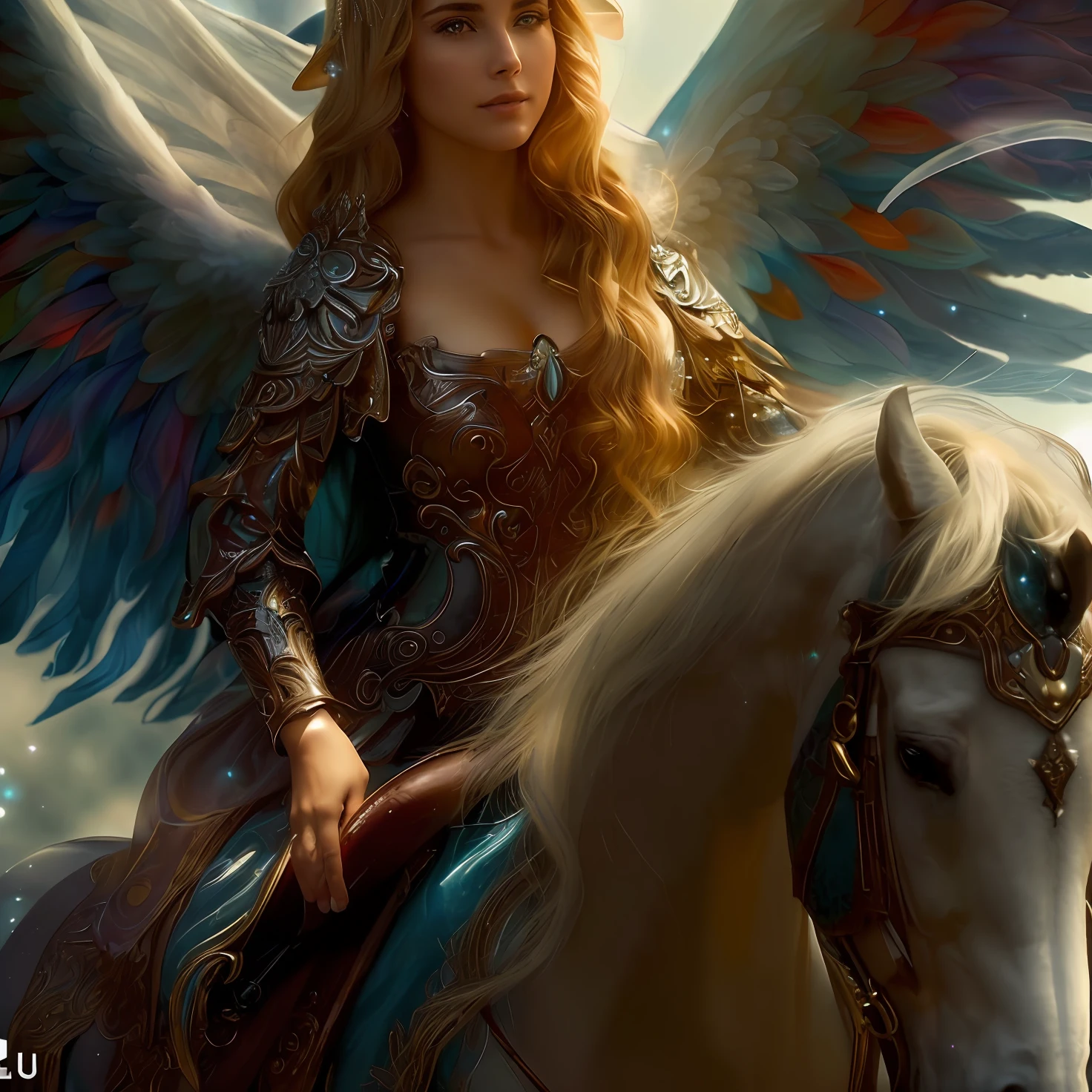 (((ANGEL GUARDIAN SOBRE UN CABALLO))) Obra maestra, (La mejor calidad: 1.2), (super fine: 1.2), illustration, (extremadamente delicado y hermoso: 1.2), movie angle, flotante, (Hermoso ojo de detalle: 1.1), (detalle luz: 1.1), Movie Lights, Cielo delicado, ojos azules, (Cola de caballo alta: 1.1), capa, ojuelos, (luna: 1. 2), (Luz de la luna: 1.1), cielo estrellado, (light particles: 1.1) dibujo, flor. (Obra maestra), (La mejor calidad), (fotorrealista:1.3), 8k, Textura detallada de la piel, Textura detallada de la tela, Hermosa cara detallada, Detalles intrincados, Ultra detallado (cuerpo de cuerpo entero:1.2)