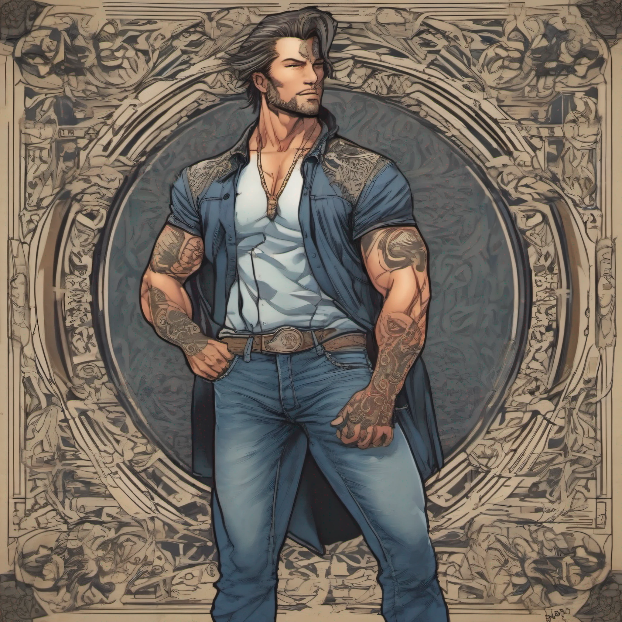 homem musculoso, sem camisa, wearing jeans, corpo definido, masculine features, cabelo escuro, tattooed with the symbol of sin in Chinese