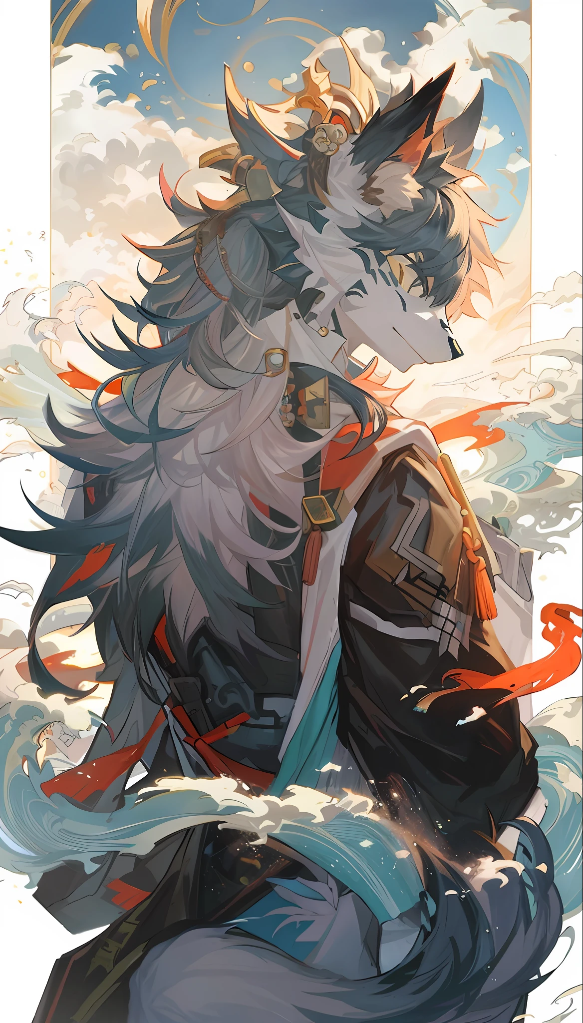 A painting of a cat with a long tail and a blue and white mane, handsome guy in demon killer art, trending on artstation pixiv, very very beautiful furry art, Detailed anime artwork, detailed anime art, Onmyoji detailed art, Keqing from Genshin Impact, detailed anime character art, clean and meticulous anime art, author:Ryan Yee, Beautiful anime artwork