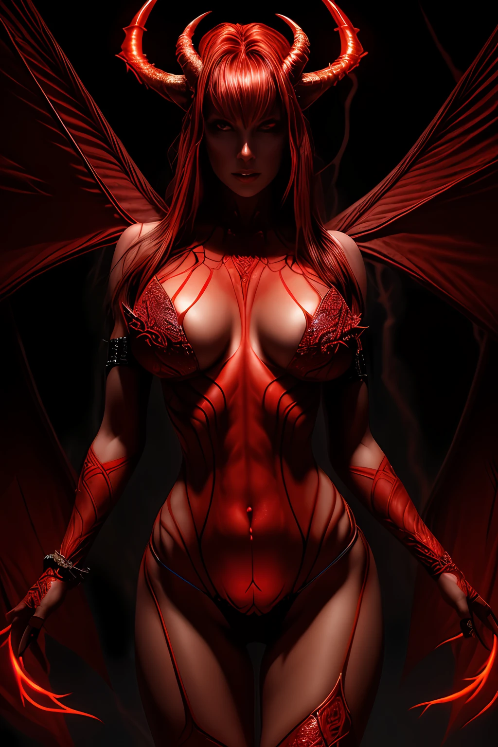 (Extremely detailed 8k wallpaper), a mid shot photo of a terrifying female succubus fear elder, confident, evli look, calm, complex, highly detailed, and dramatic, cinematic lighting, red skin:1.2, red glowing skin:1.2, cameltoe, subsurface scattering:1.2, soft lights