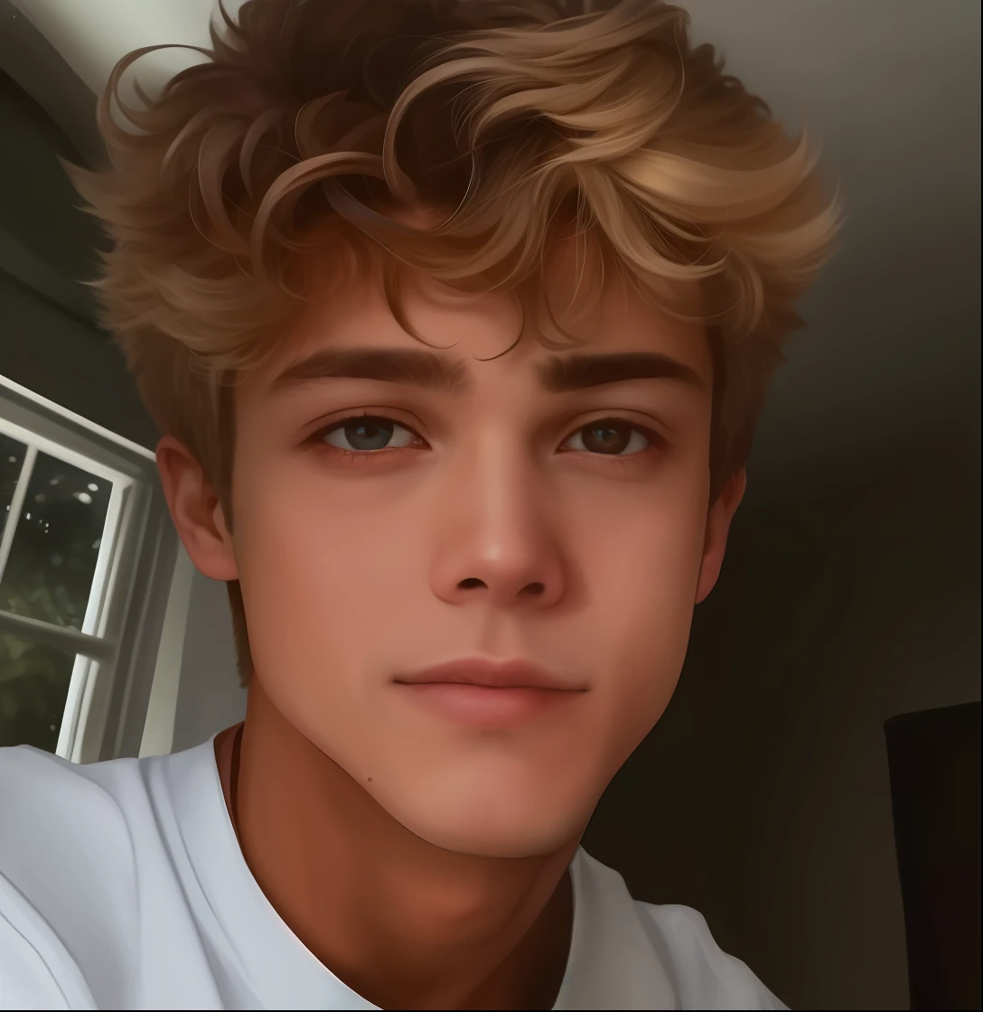 A closeup of a young man with a messy haircut, ele tem cabelos castanhos curtos e cacheados, inspired by John Luke, cara perfeita e menino, tommy 1 3 anos de idade, jovem bonito, Dylan Cole, Jamie Coreth, Menino adolescente de cabelos moreno, Connor Hibbs, foto de perfil, Twink, Joel Fletcher, christian cline, foto de perfil headshot