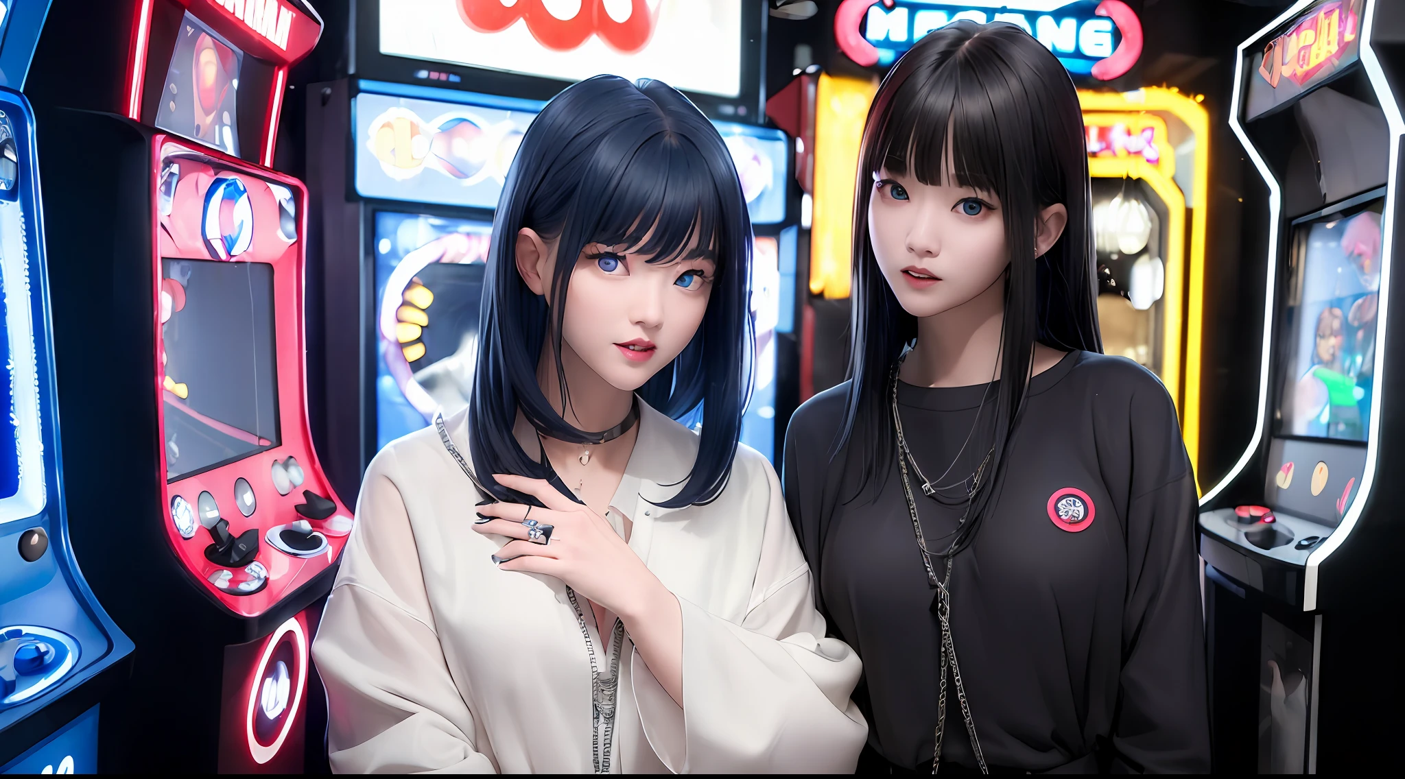 masterpiece、(Photorealsitic:1.4)、top-quality、beautiful lighting、(ulzzang-6500:0.5)、Makima \(chain saw man\)、(Bob hair)+(A dark-haired)+(bangss)、blue eyess、blue eyess、laugh、((Ring-shaped eyes))、RAW Photography、8k UHD、film grains、arcade、arcade cabinet、