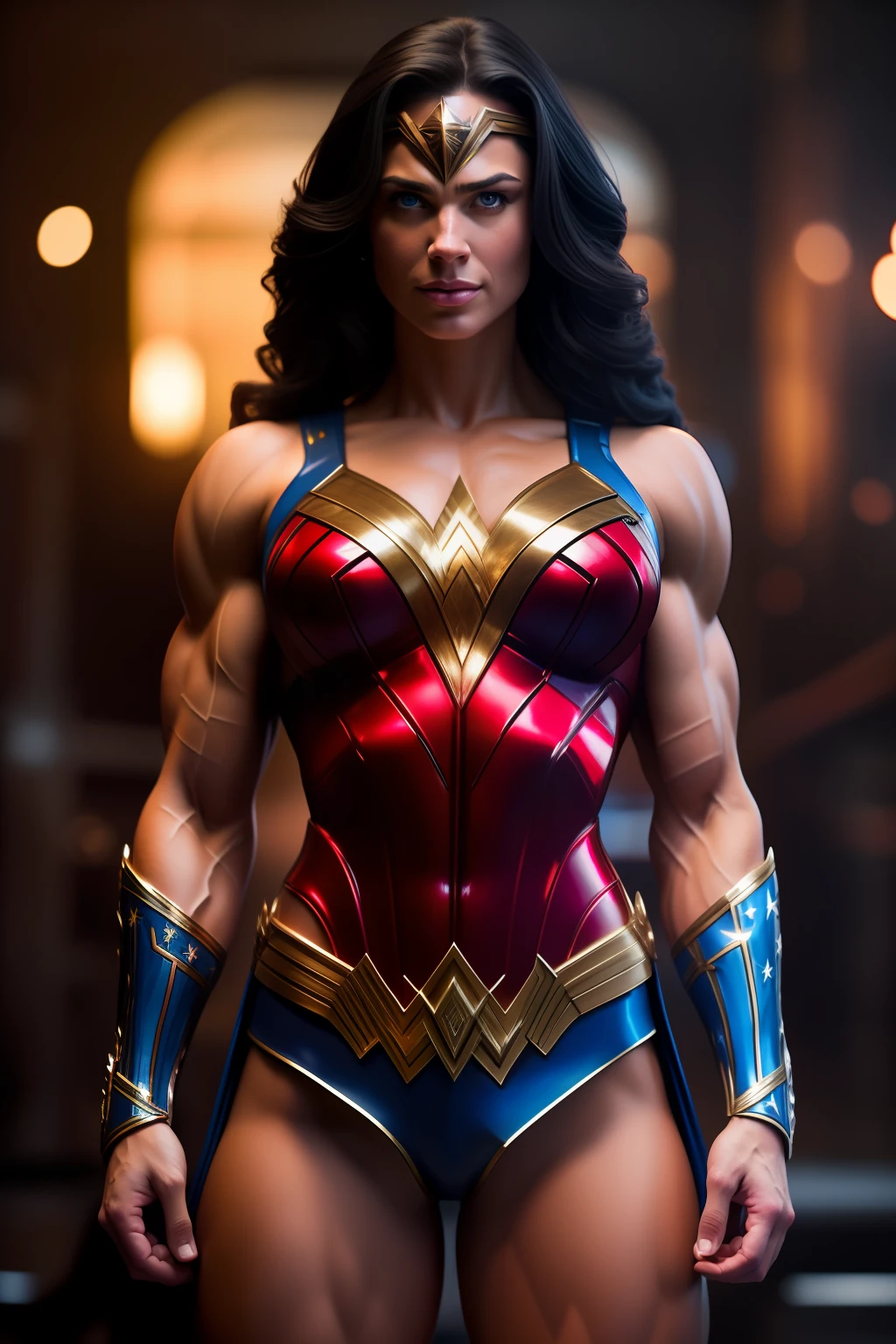 Cinematic soft lighting illuminates a stunningly detailed and ultra-realistic Wonder Woman bodybuilder, muscular, super strong, red and blue armor, that is trending on ArtStation. Octane is the perfect tool to capture the softest details of this 16k photography masterpiece
