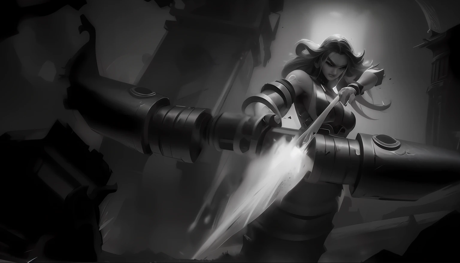 a black and white photo of a woman with a sword, iconic character splash art, character splash art, taliyah, splash art, brigitte, official splash art, zenra taliyah, youthful taliyah, dark high-contrast concept art, concept piece, league of legends concept art, riot games concept art, hearthstone weapon art, warcraft blizzard weapon art