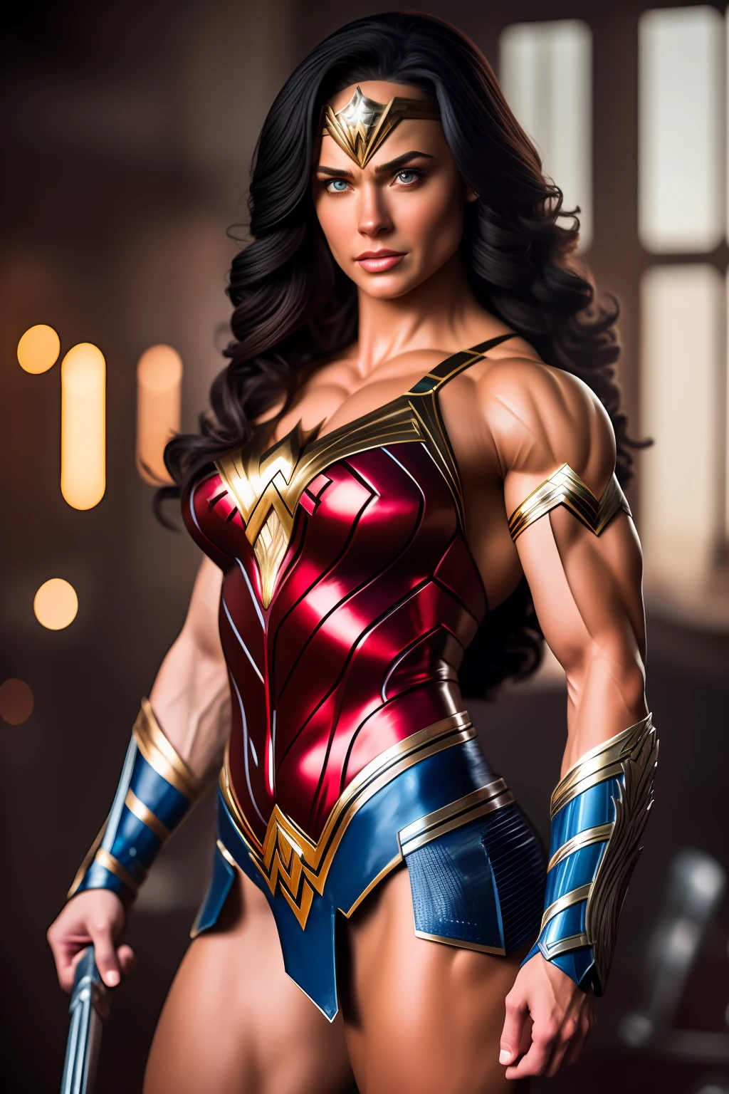 Cinematic soft lighting illuminates a stunningly detailed and ultra-realistic Wonder Woman bodybuilder, muscular, super strong, red and blue armor, that is trending on ArtStation. Octane is the perfect tool to capture the softest details of this 16k photography masterpiece