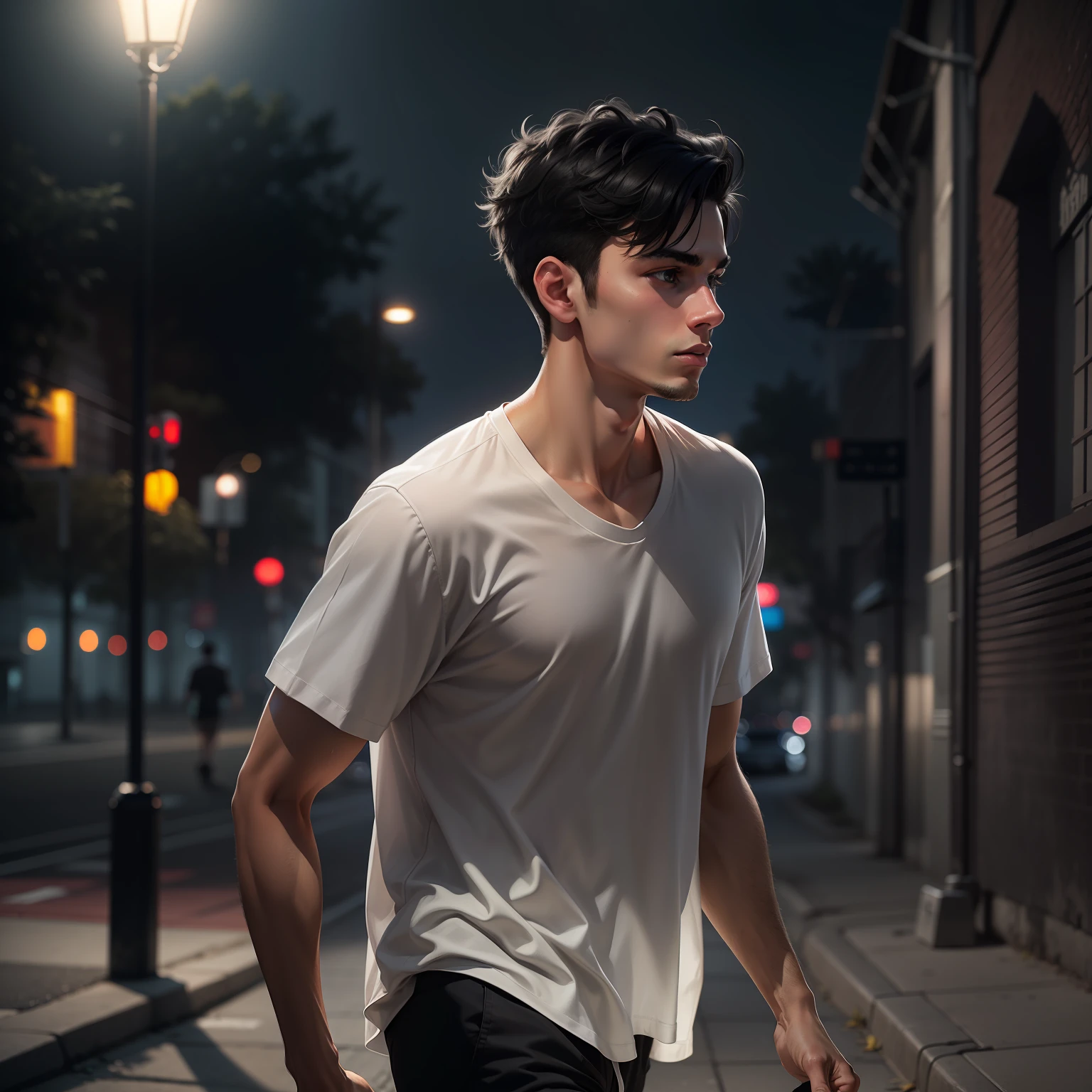 Ultra realistic image of a 25 year old man, short black hair, dressed in a simple white shirt and black shorts, walking on a sidewalk at night