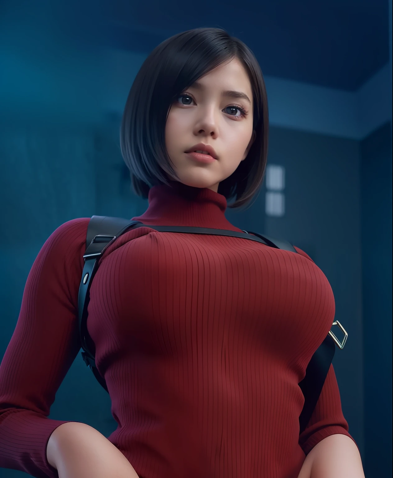 1girl, solo, full body, ultra realistic,short wolf cut hair, big boobs, confused face, sweater dress, turtleneck, ribbed sweater, thigh high boots, pantyhose, harness, best quality, masterpiece, highres