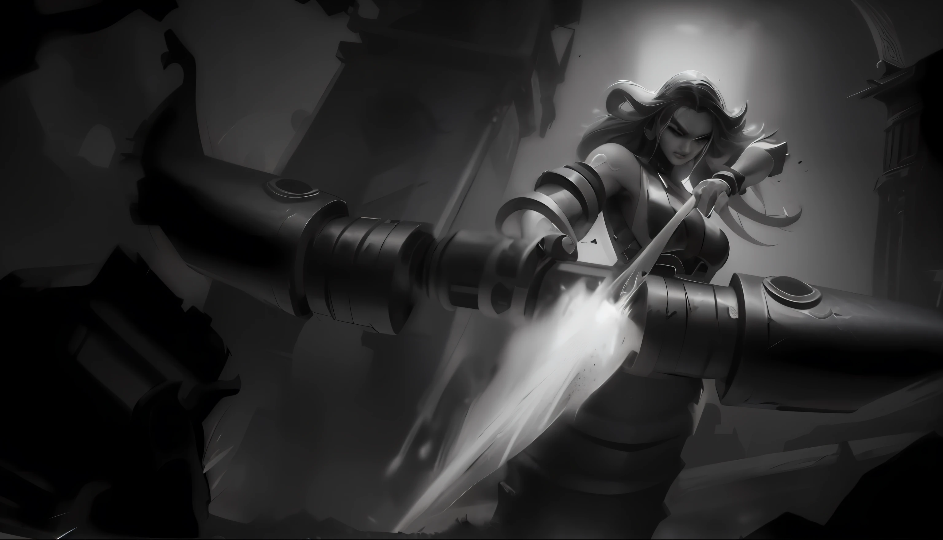 a black and white photo of a woman with a sword, iconic character splash art, character splash art, taliyah, splash art, brigitte, official splash art, zenra taliyah, youthful taliyah, dark high-contrast concept art, concept piece, league of legends concept art, riot games concept art, hearthstone weapon art, warcraft blizzard weapon art