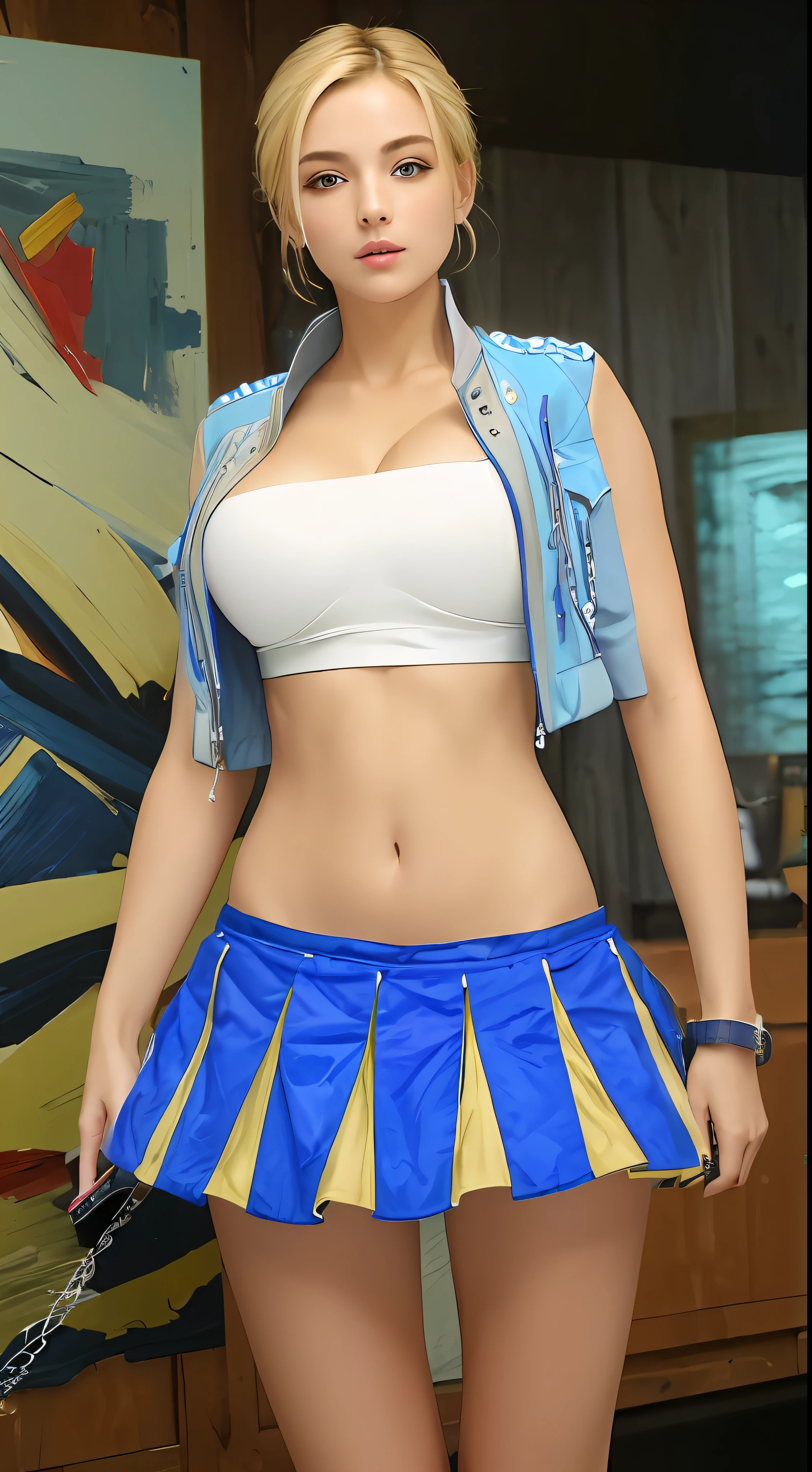 (((masterpiece))), (((best quality))), ((ultra-detailed)), blonde,blue jacket in white tops,navel, sexy