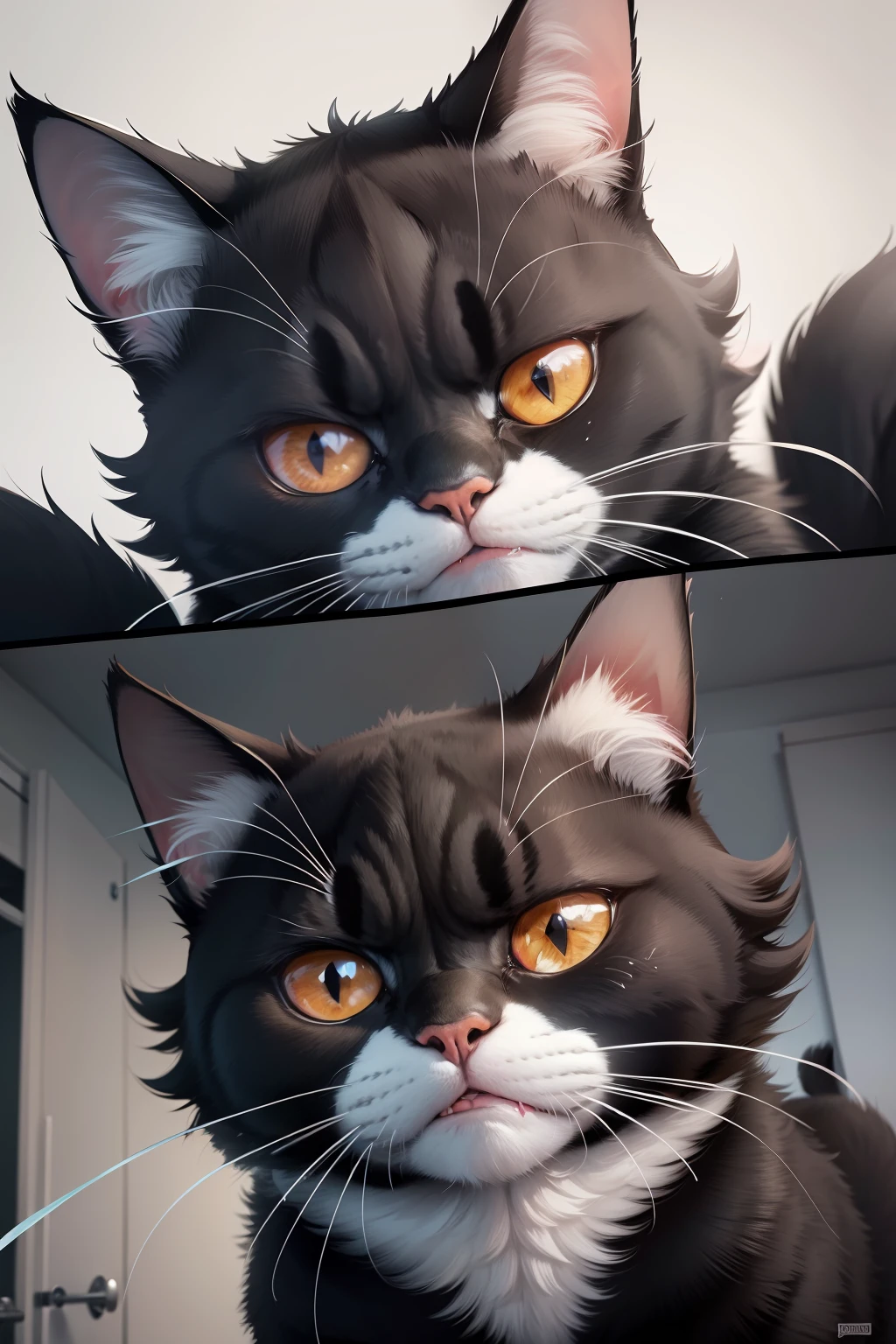 There is a black and white cat with a funny face, angry cat, Tuxedo Cat, frown, sad cat, cat photo, Irate, terrific, Frowning, Wonky, Looks menacing, Angry look, annoyed, angry, looking up at the camera, cat photo, meow, black and white cat, a cat, You look furious, He's angry, You look angry