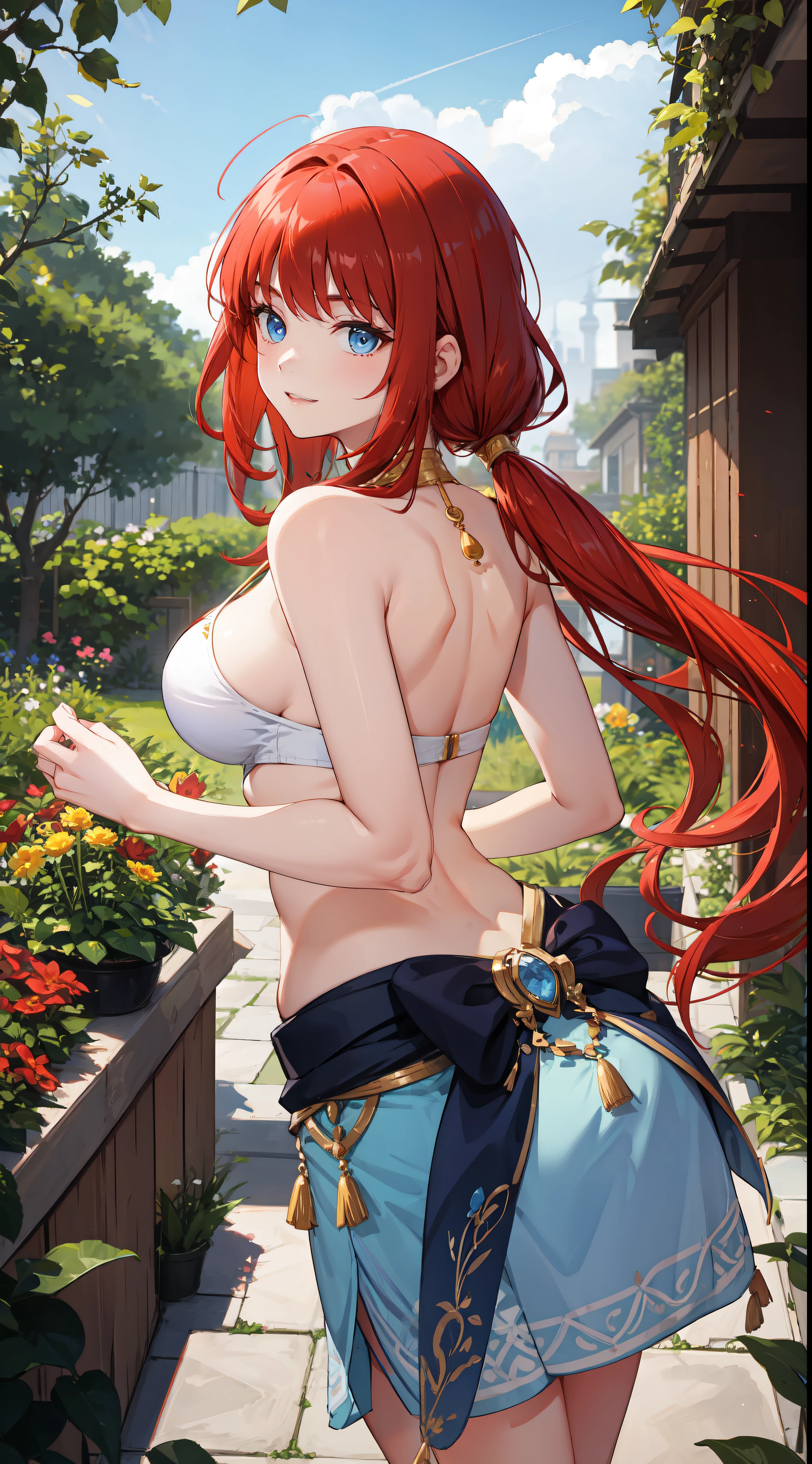 slim legs, blue eyes, nilou, red hair, long hair, mesmerising , medium breast, happy, navel, garden, cleavage, hanging breast, from behind