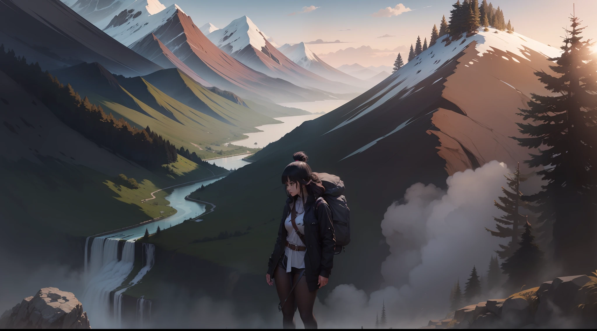 Menina do cabelo preto, menina descendo a montanha, estilo anime, estilo desenho animado.