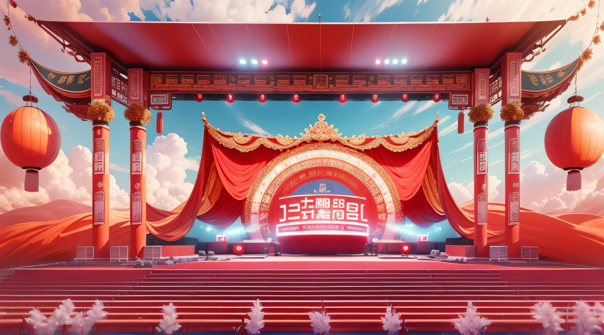 A red stage, an outdoor festival stage, LED screen, rendering of beauty pageant, Harvest background, Chinese style, large commercial led screens, Stage background, large led screens, Stage set-up, elaborate stage effects,with blue sky and white clouds
