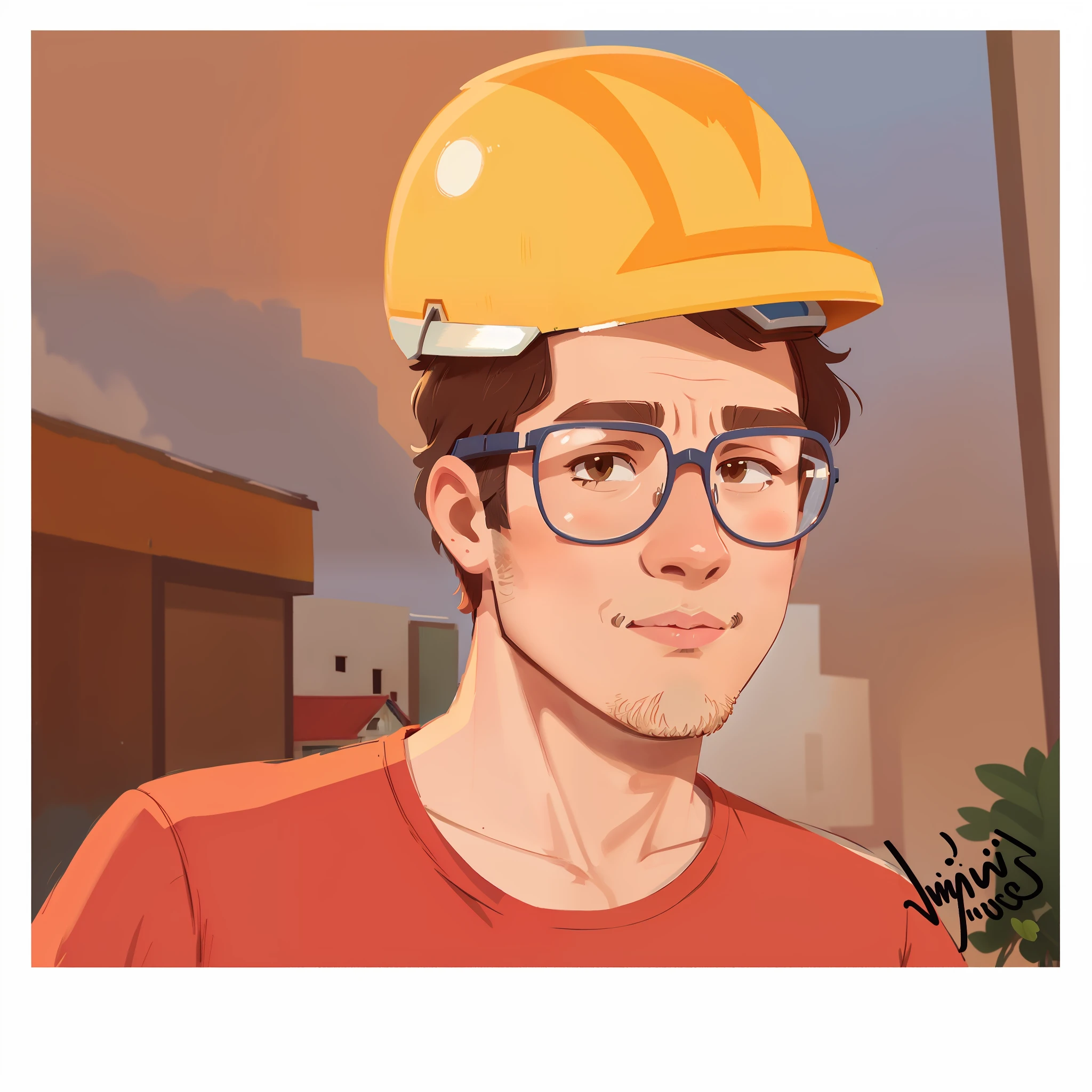 Man with helmet and glasses in front of a building, pintura digital dos desenhos animados, professional illustration, retrato de personagem de mim, retrato dos desenhos animados, Retrato do conceito do personagem de mim, a Retrato 2D