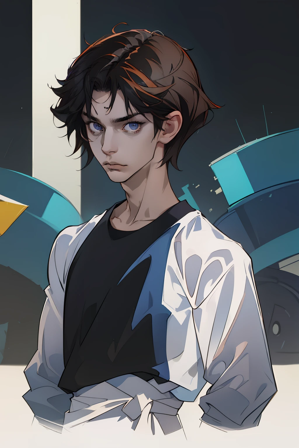 (absurdes, ah high, ultra detialed), ciberpunk, (1 male), 独奏, youth, Young guy, neutral colors, lean, skinny shoulders, beutiful, dark colored hair, Short Hair Hair, dark grey eyes, forehead, angular jaw, Thin neck, ciberpunk, upper-body, The entire upper body is visible, (white tshirt), aged, gaze at the viewer, Tired look, I just woke up, stands upright, You can see the entire upper body up to the waist