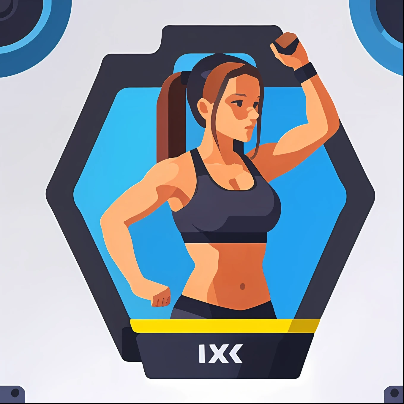 "Design a captivating logo for a gaming gym showcasing a girl working out with a gaming controller" isometric