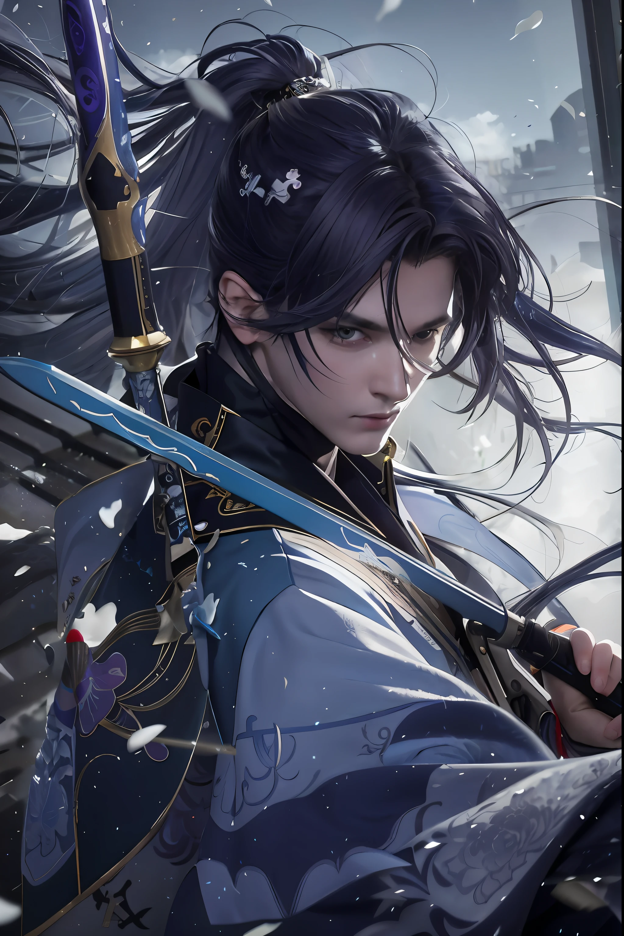 Blue-purple style, scabbard on back, messy hair, broken hair, long hair, chivalry, very beautiful cyberpunk digital artwork, male focus, handsome, heroic and sassy, beautiful man, wearing a blue and white kimono, holding a long sword on the shoulder, chivalry style, high-quality detail depiction, blurred background and soft light set off, middle side shooting, middle side perspective, pattern decorations and accessories, broken flowers and flying flowers, dense fog surrounding, light and shadow change extremely exquisite. Anime style 4k wallpaper.