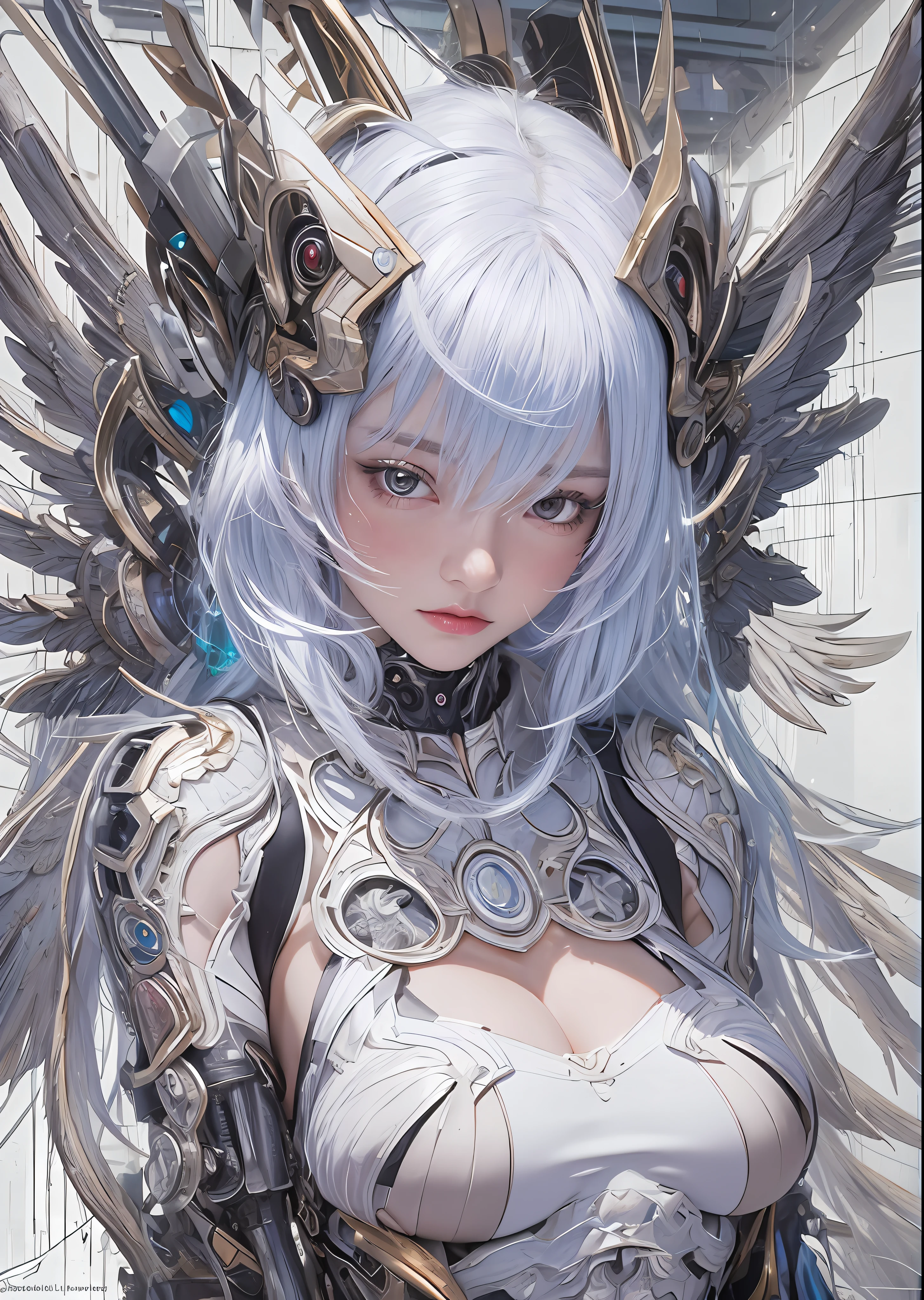 top-quality、​masterpiece、超A high resolution、(Photorealsitic:1.4)、Raw photo、Battle Cyborg Angel、large wings made of metal、White porcelain body、Acrylic Clear Cover、white  hair、glowy skin、1 Cyborg Girl、((super realistic details))、portlate、globalillumination、Shadow、octan render、8K、ultrasharp、character edge light,Colossal tits、Raw skin is exposed in cleavage、Details of complex ornaments、Gothloli details、Hydraulic cylinder、Small LED lamp、highly intricate detail、Realistic light、a purple eye、radiant eyes、Facing the camera、neon details、cowboy  shot、Futuristic headgear、About Cyberpunk、、