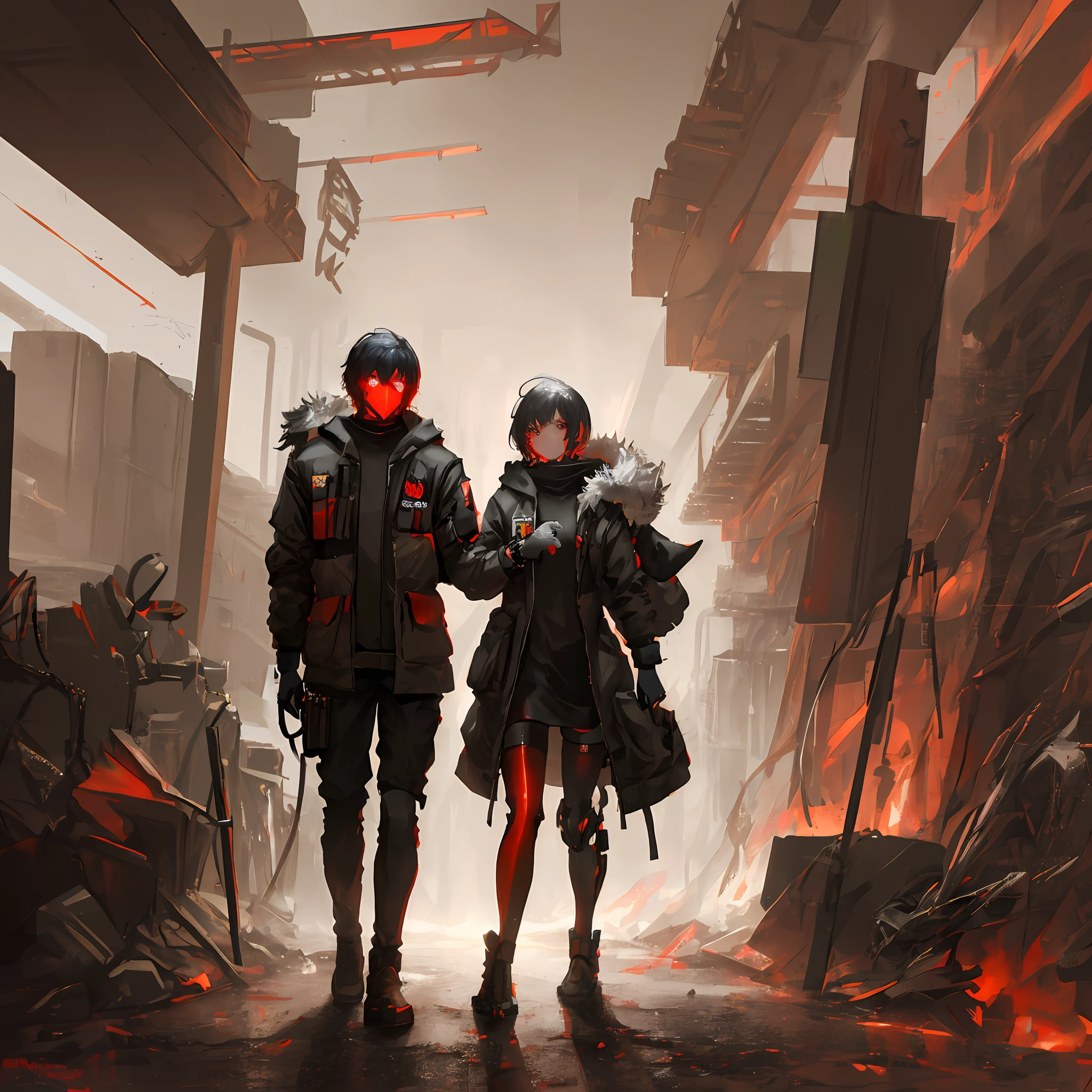 High resolution and top quality CG Unity 8k wallpaper，The style is cyberpunk，Mainly black and red。In the picture, a beautiful girl with short hair with white messy hair appears，s delicate face，Wearing a steam mech mask，standing on ruins，Behind him is a huge robot，The action of a woman holding a heavy sniper rifle in her hand，furry