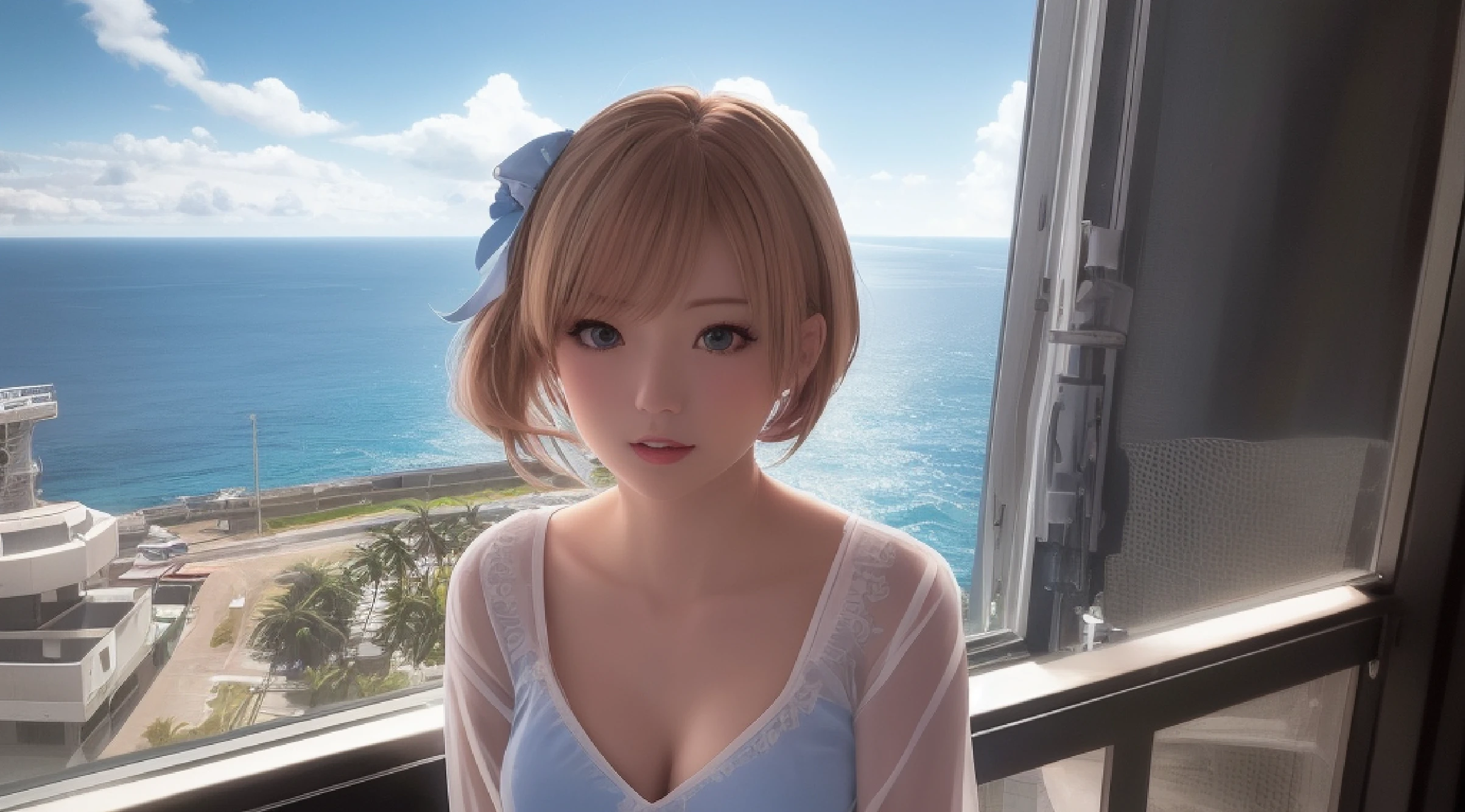 Anime girl on space station looking out the window, macross delta, portrait anime space cadet girl, from the azur lane videogame, macross frontier, style of macross, Official Character Art, Female protagonist 👀 :8, macross, macross franchise, akasuki voidstar, Official art, 8 k character details, (masutepiece:1.3), (Best Quality:1.3), High resolution, overlook view, Couboy Shot, Leaning forward, body facing forward, (One Cute Girl:1.3), Solo, White skin, tiny chest, eight-headed person, (bobhair:1.2), (Short hair:1.1), Beautiful hair, Blue eyes, Beautiful detailed eyes, blush, Open mouth, School uniform, Blue Check Skirt, Outdoors, Beautifully detailed sky, Shadow lighting, Best Quality, masutepiece, Solo, high_res, 1 beautiful woman 20 years younger, Perfect body, Center, Hair decoration, Pretty Face, Light makeup, Tindall Effect, photos realistic, Dark Studio, Daylight, Clear, offshore, Beautiful, Hawaiian Island Scene, clear blue sea, Wet body, (High Detail Skin: 1.2), 8K UHD, Digital SLR, studio lights, High quality , Photo, High resolution, 8K, Bokeh.