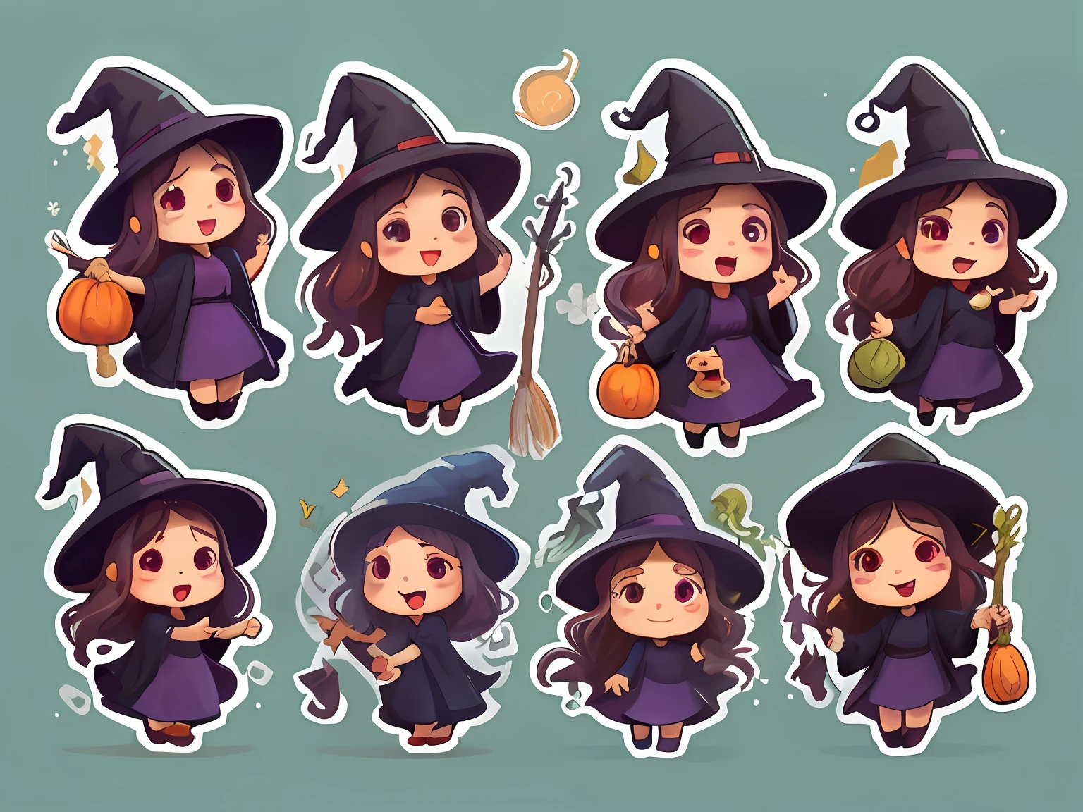 Cartoon witch with various poses and expressions, bruxa, personagem bruxa escura, Bruxas, Witchy, roupas de bruxa, bruxa, Conto de fadas de bruxa, beautiful witch female, mulher bruxa, academia bruxa, estilo de arte de halloween, classical witch, bruxa feminina bonita, bruxa brilhante, Uma bruxa, beautiful witch spooky female, Scarry mas enfeitiçando, fantasy sticker illustration, tudo com tematica roxa