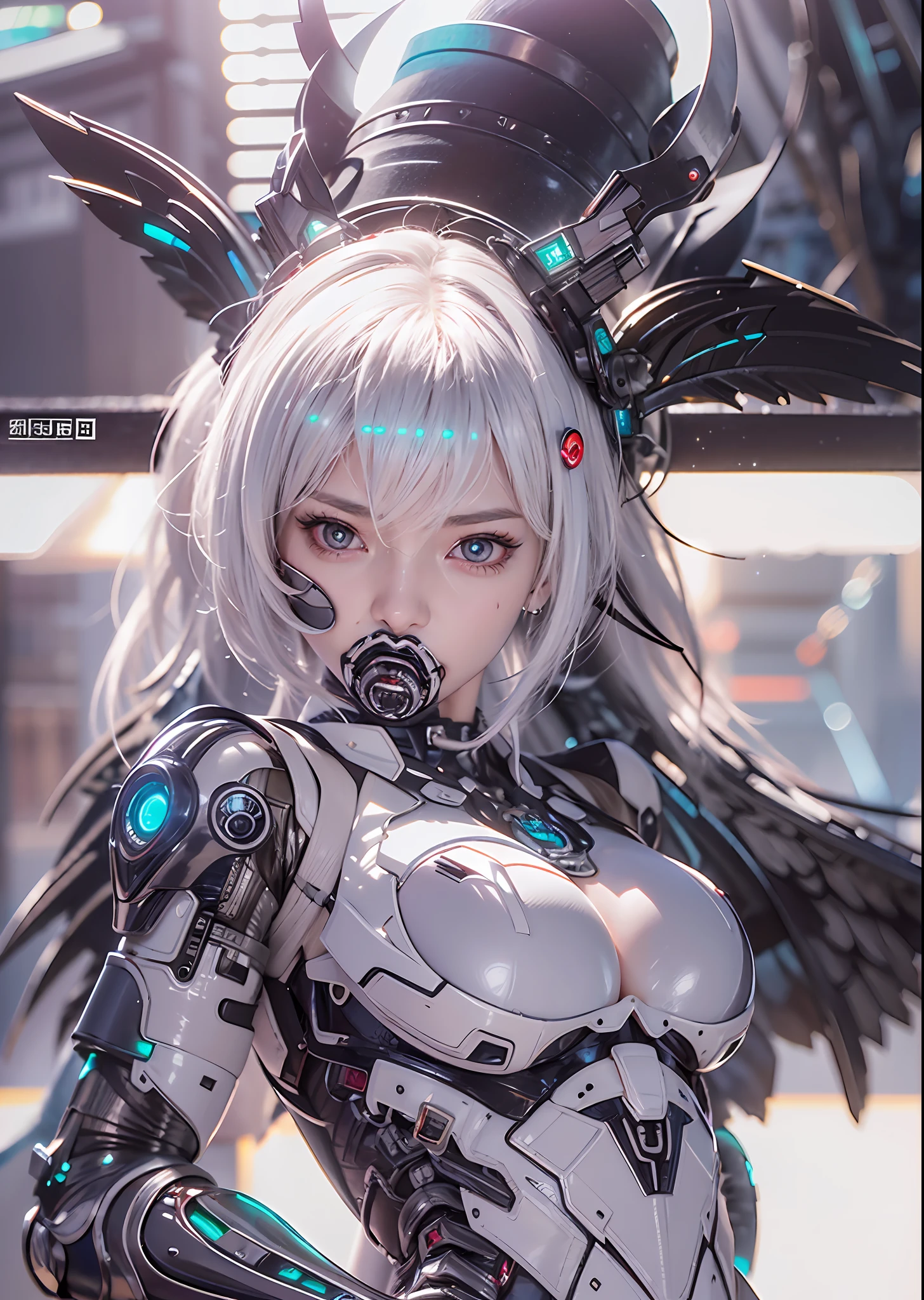 top-quality、​masterpiece、超A high resolution、(Photorealsitic:1.4)、Raw photo、Battle Cyborg Angel、large wings made of metal、White porcelain body、Acrylic Clear Cover、white  hair、glowy skin、1 Cyborg Girl、((super realistic details))、portlate、globalillumination、Shadow、octan render、8K、ultrasharp、character edge light,Colossal tits、Raw skin is exposed in cleavage、Details of complex ornaments、Gothloli details、Hydraulic cylinder、Small LED lamp、highly intricate detail、Realistic light、a purple eye、radiant eyes、Facing the camera、neon details、cowboy  shot、Futuristic headgear、About Cyberpunk、、