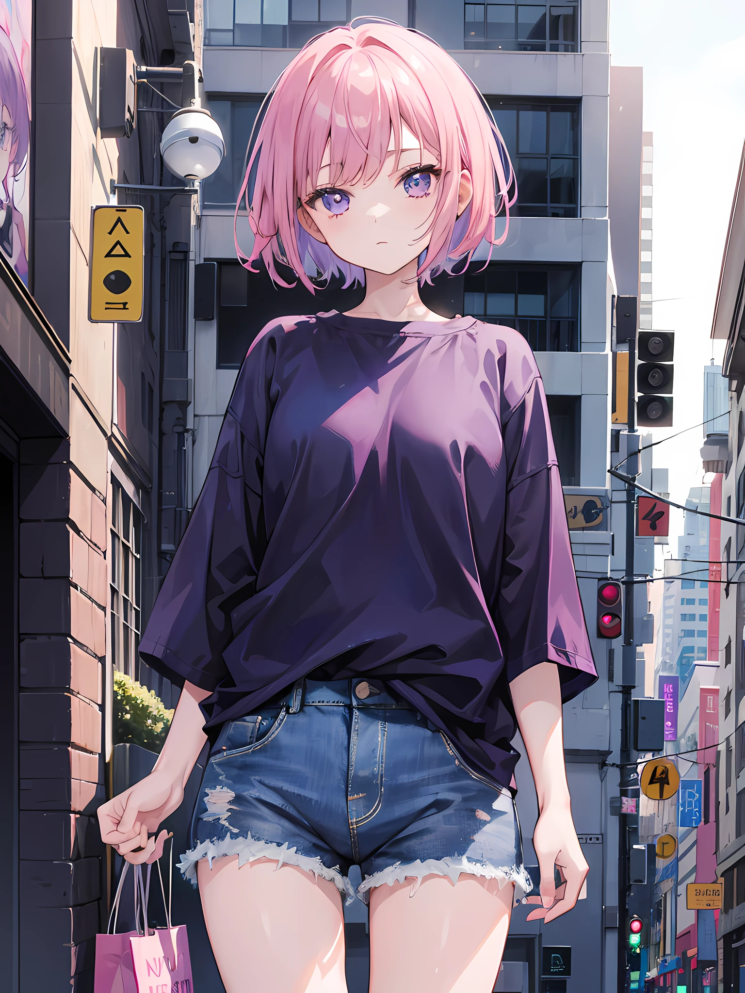 1girl, short pink hair, purple eyes, wearing plain dark blue shirt, denim shorts, city, absurdres, high res, ultrasharp, 8K, masterpiece, looking at viewer