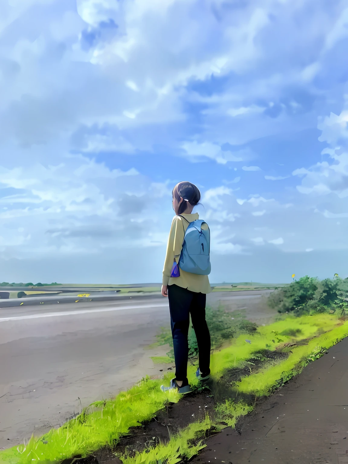 Prompt: An incredibly charming carrying a backpack, accompanied by her adorable puppy, enjoying a lovely spring outing surrounded by beautiful yellow flowers and natural scenery. The illustration is in high definition at 4k resolution, with highly-detailed facial features and cartoon-style visuals.