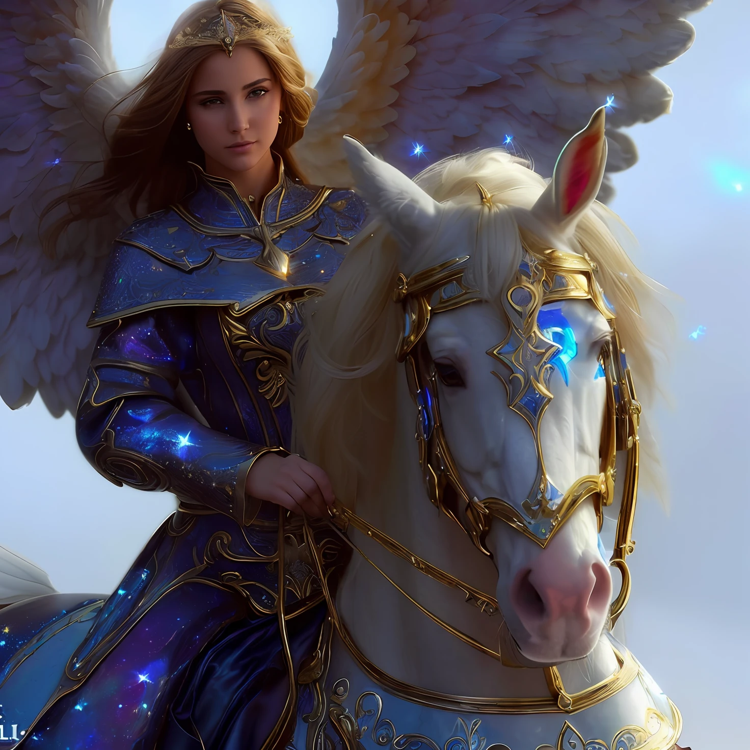 (((ANGEL GUARDIAN SOBRE UN CABALLO))) Obra maestra, (La mejor calidad: 1.2), (super fine: 1.2), illustration, (extremadamente delicado y hermoso: 1.2), movie angle, flotante, (Hermoso ojo de detalle: 1.1), (detalle luz: 1.1), Movie Lights, Cielo delicado, ojos azules, (Cola de caballo alta: 1.1), capa, ojuelos, (luna: 1. 2), (Luz de la luna: 1.1), cielo estrellado, (light particles: 1.1) dibujo, flor. (Obra maestra), (La mejor calidad), (fotorrealista:1.3), 8k, Textura detallada de la piel, Textura detallada de la tela, Hermosa cara detallada, Detalles intrincados, Ultra detallado (cuerpo de cuerpo entero:1.2)