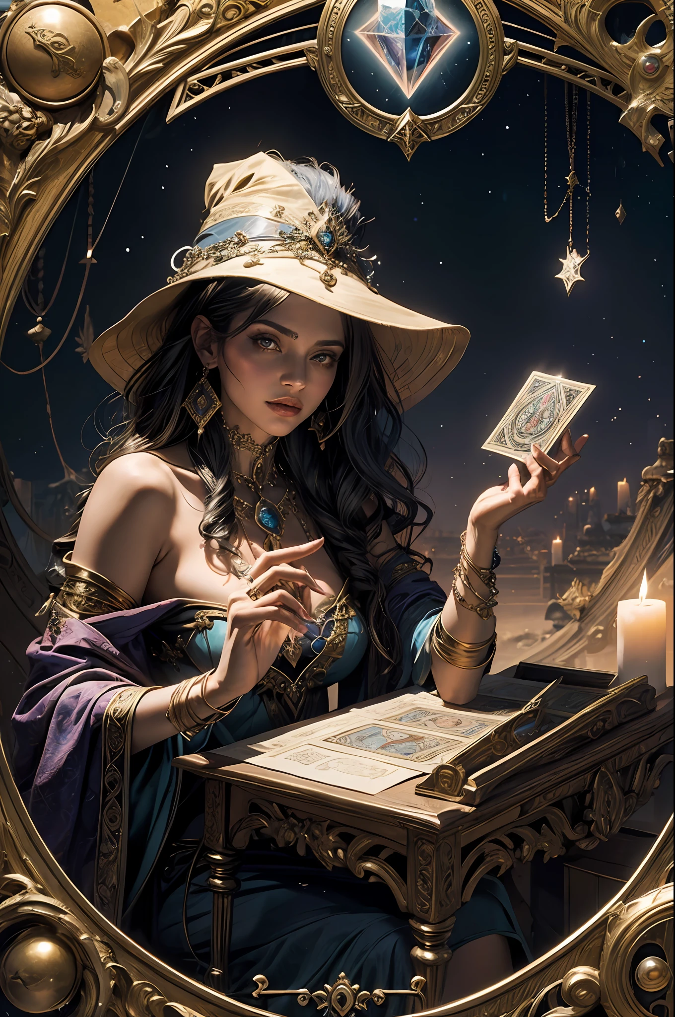 (extremely detailed+ultra-realistic) esoteric+gypsy sorceress casting the tarot cards