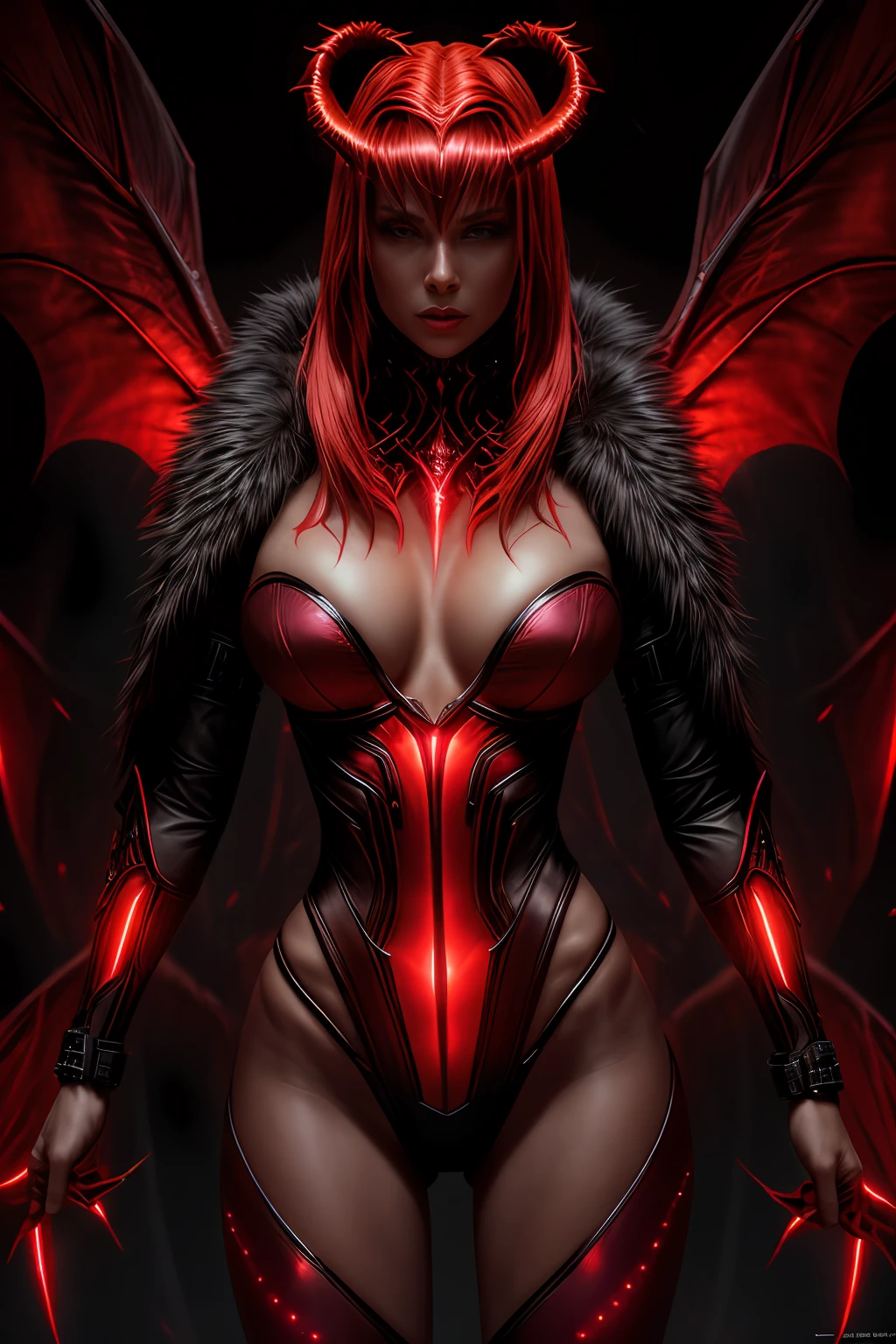 (Extremely detailed 8k wallpaper), a mid shot photo of a terrifying female succubus fear elder, confident, evil look, calm, modern futuristic clothing, complex, highly detailed, and dramatic, cinematic lighting, red skin:1.2, red glowing skin:1.2, cameltoe, subsurface scattering:1.2, soft lights