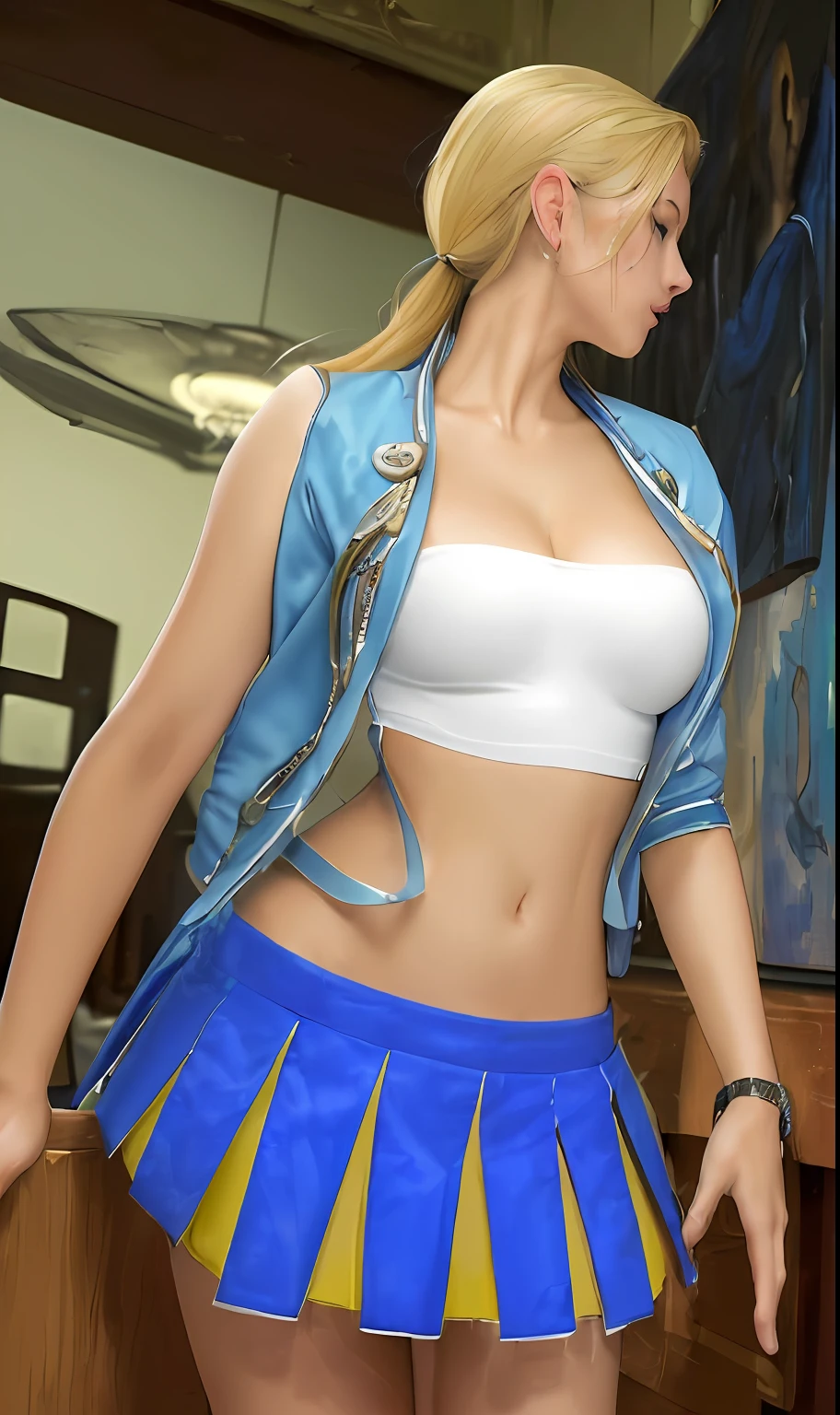 (((masterpiece))), (((best quality))), ((ultra-detailed)), blonde,blue jacket in white tops,navel, sexy