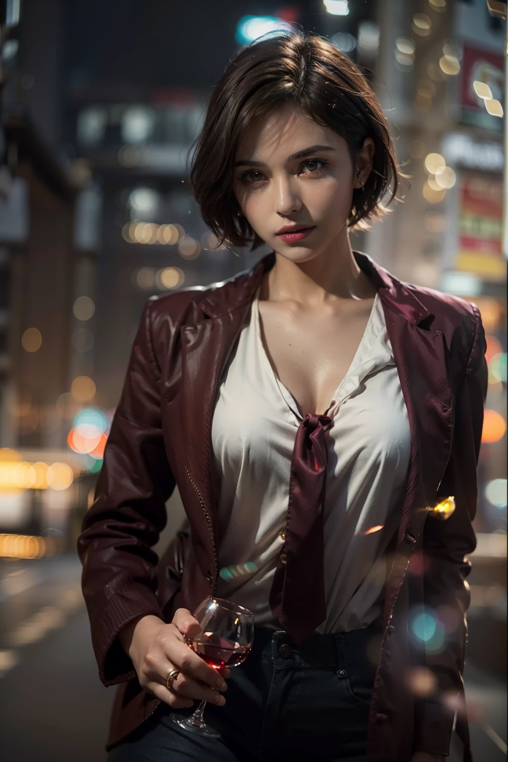 ( 
    (Character: one Israeli woman, 20 years old, brunette, short hair)
    (Clothing: wine red lawyer clothes, jewels)
    (Pose: upper body shot:1.7, dynamic pose)
    (blurry, intense urban lights in background) 
    (Style: ((masterpiece:1.5)), (face detailed), photo-realistic:1.3, hyperrealistic, foggy, high contrast, shiny skin, soft lighting, backlighting, bloom, light sparkles, chromatic aberration)