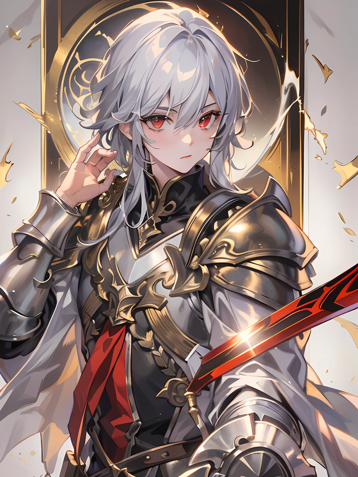 A high resolution，（Masterpiece level：1.4），Super detailed，Silver-haired teenager，red - eyed，Elegant aristocratic countenance，Wearing silver armor，The armor has a gold pattern，Handsome guy with a sword，Image quality up to 8K，Optimal color rendering，Best shadow effect，The best quality graphics。