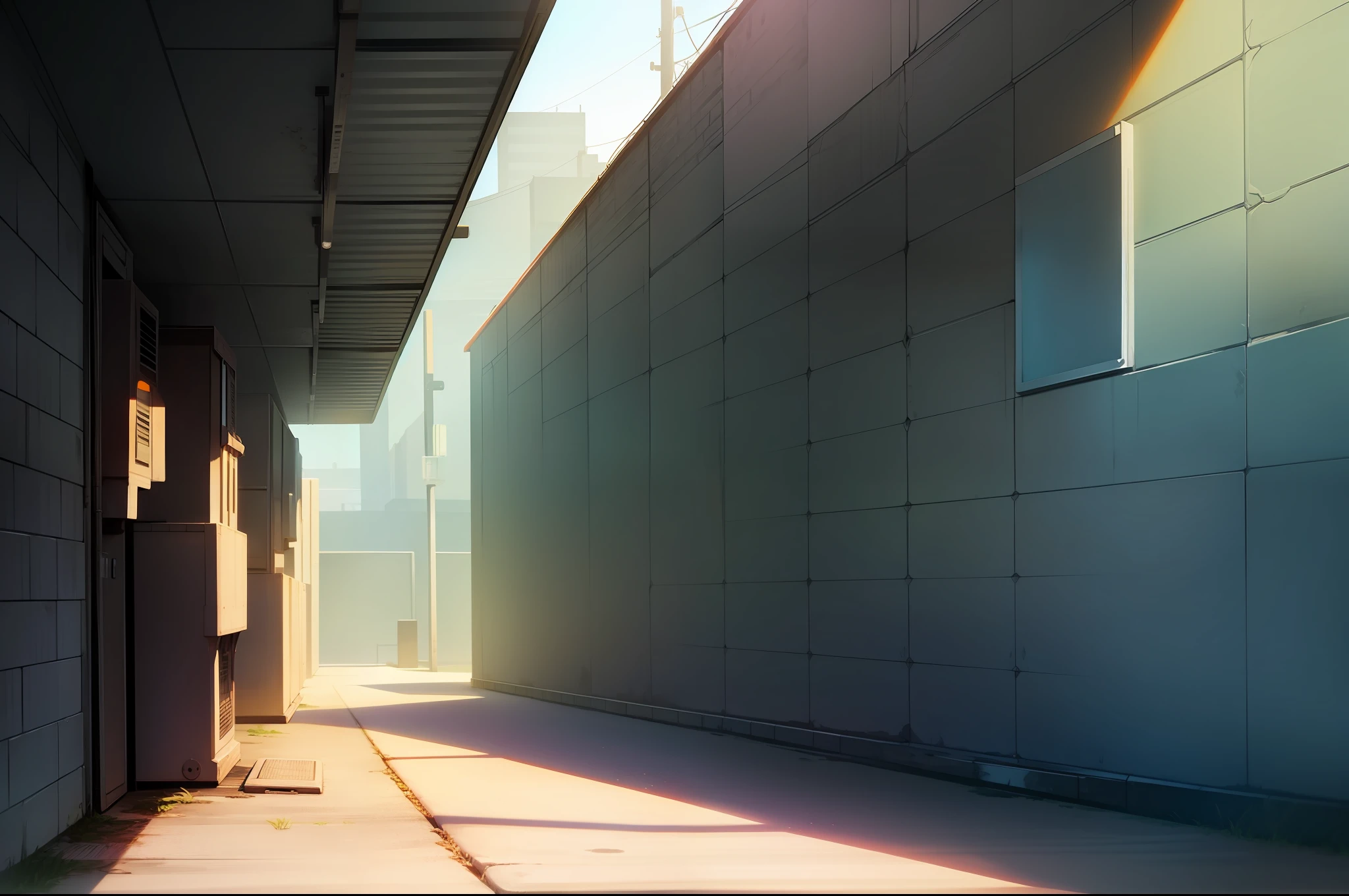 anime style, cinematic lighting, hand drawn style, abandoned street, trash cans against the wall, brick wall