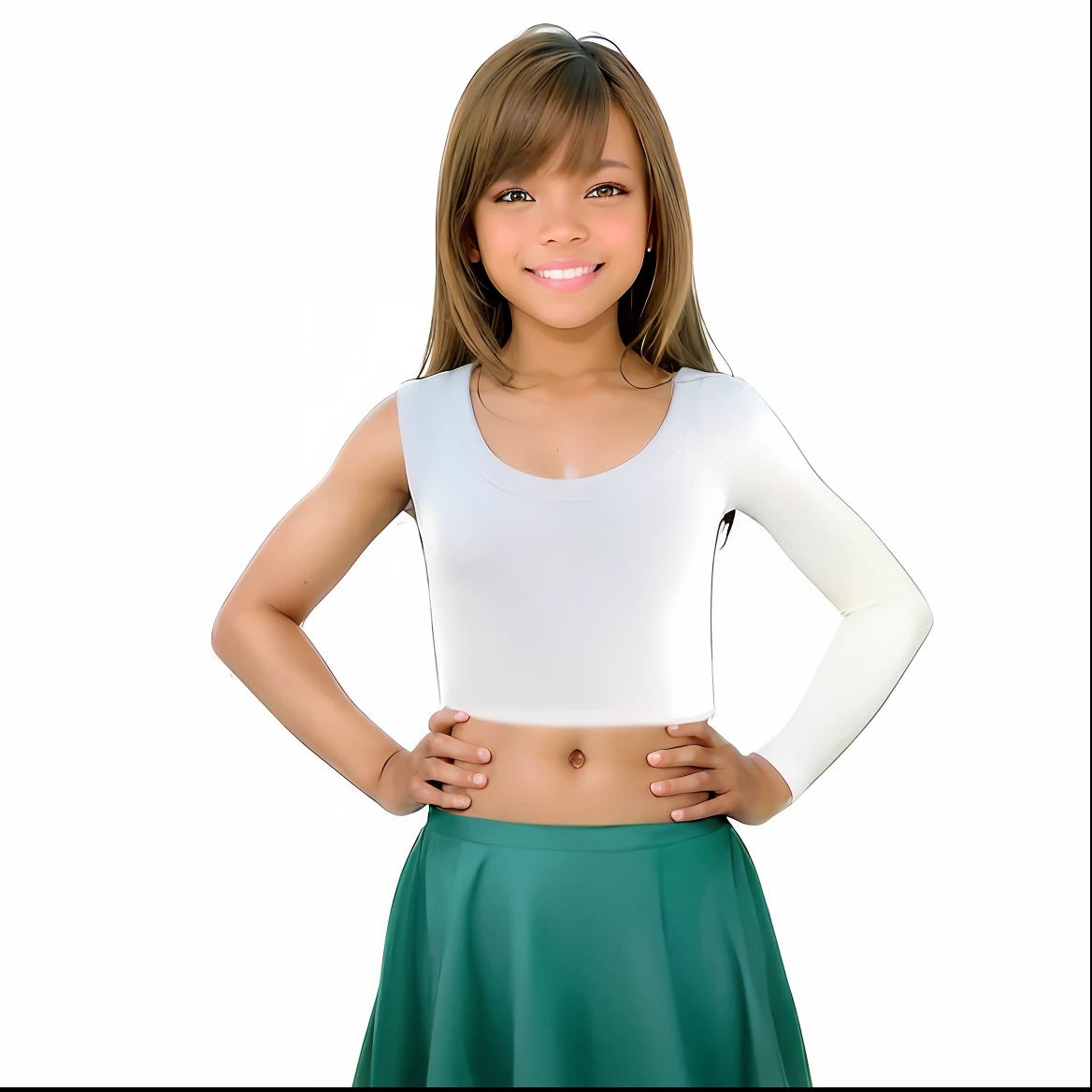 imagem hd, 8k ultra realista, um close up de uma jovem sorrindo, sorridente em uma saia verde e top branco, mangas brancas, pauldrons superdimensionados, Plated arm, bandage on arms, arms to side, white and teal garment, imagem oficial do produto, Foto completa do produto, pauldrons ombro enorme, scaled arm, upper body visible, Polster de ombro grande, wrapped arms