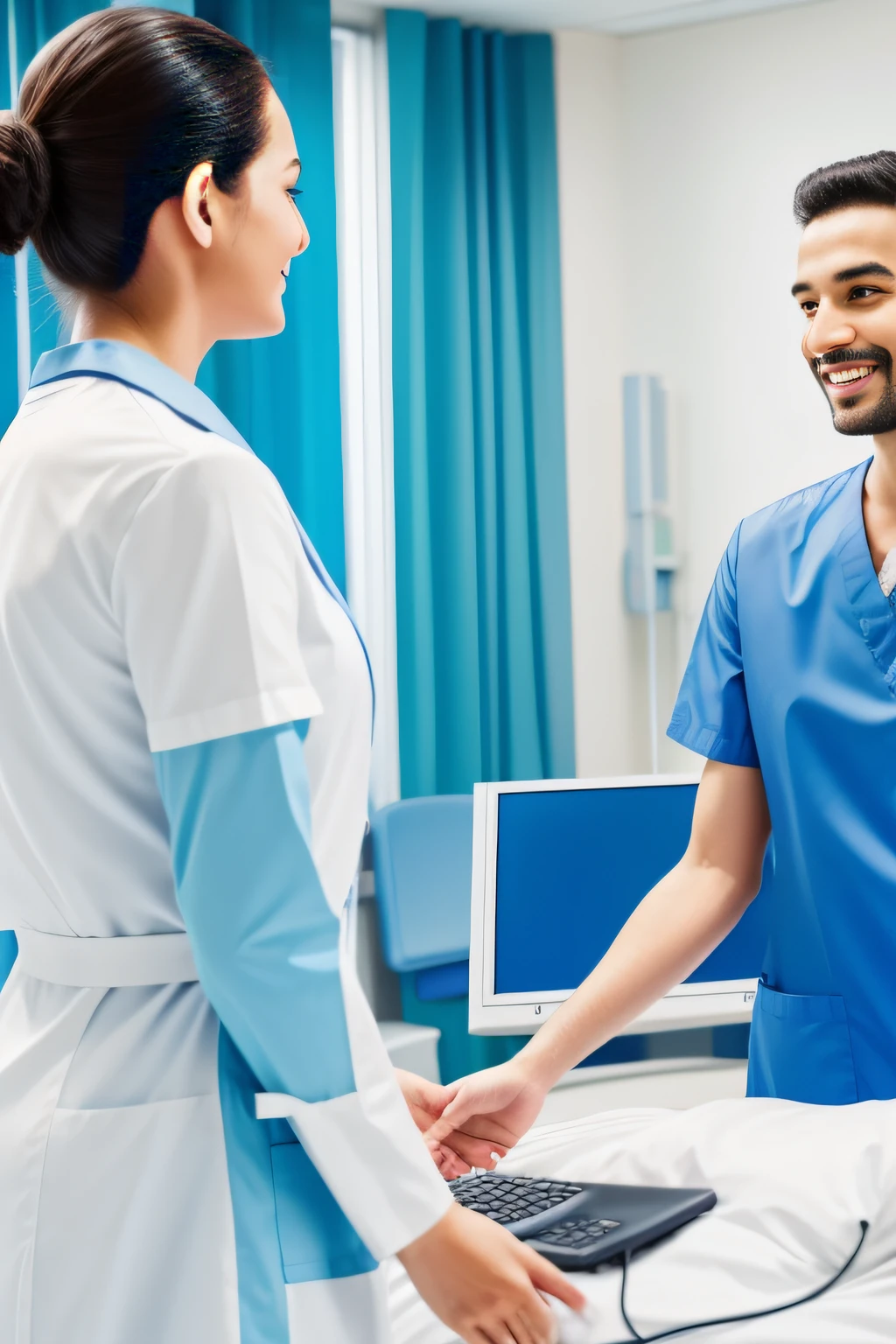 Image/Video Suggestion: A mesmerizing image of a peaceful hospital room with two smiling doctors one and one White and a group of friendly healthcare professionals to instill positivity and confidence in the viewer's mind.
