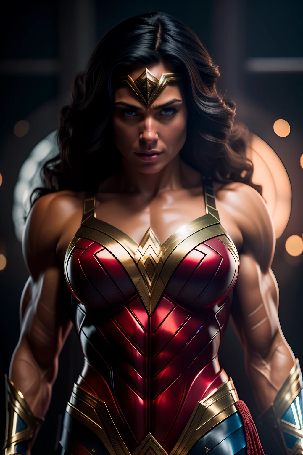 Cinematic soft lighting illuminates a stunningly detailed and ultra-realistic Wonder Woman bodybuilder, muscular, super strong, red and blue armor, that is trending on ArtStation. Octane is the perfect tool to capture the softest details of this 16k photography masterpiece
