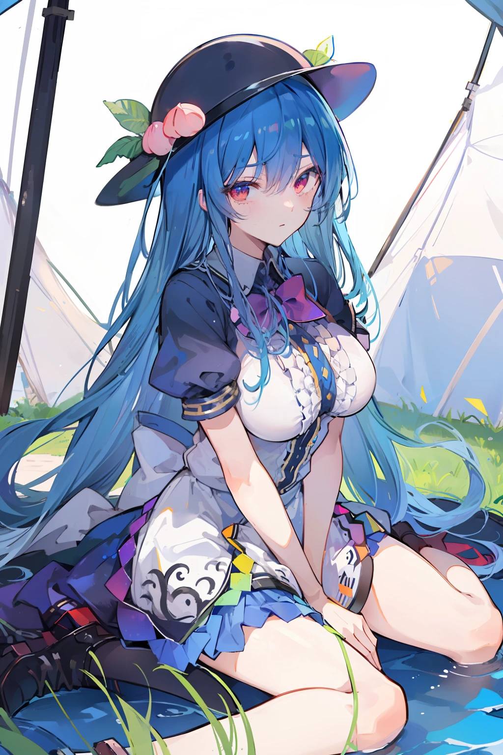 (masterpiece),best quality, expressive eyes, perfect face,w sitting, w sitting on ground, legs on ground, 1girl,
big breast, H-cup, good breast, crossing arms, beautiful, gorgeous,anime,girl,lora,hinanawi tenshi, blue hair, blue haired,tent boobs, tent chest, tent breast, floating clothes