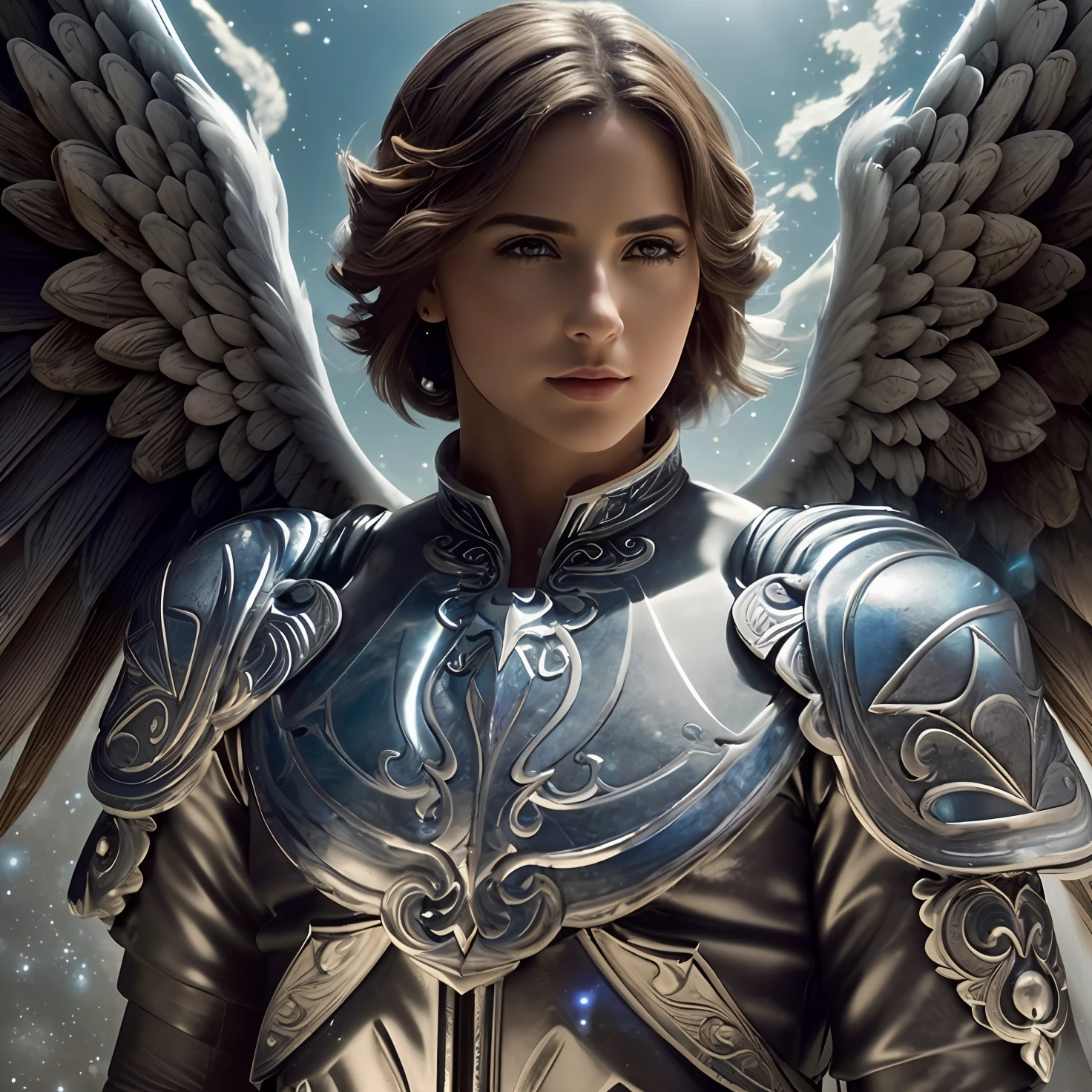 (((ANGEL GUARDIAN))) Obra maestra, (La mejor calidad: 1.2), (super fine: 1.2), illustration, (extremadamente delicado y hermoso: 1.2), movie angle, flotante, (Hermoso ojo de detalle: 1.1), (detalle luz: 1.1), Movie Lights, Cielo delicado, ojos azules, (Cola de caballo alta: 1.1), capa, ojuelos, (luna: 1. 2), (Luz de la luna: 1.1), cielo estrellado, (light particles: 1.1) dibujo, flor. (Obra maestra), (La mejor calidad), (fotorrealista:1.3), 8k, Textura detallada de la piel, Textura detallada de la tela, Hermosa cara detallada, Detalles intrincados, Ultra detallado (cuerpo de cuerpo entero:1.2)