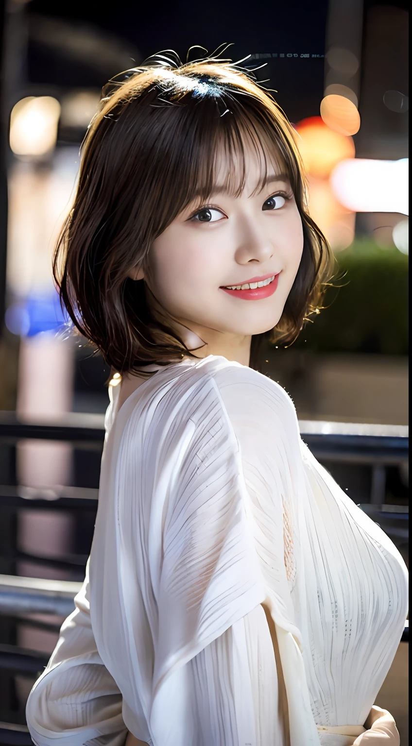 ((Best Quality, 8K, masutepiece:1.3)), Focus: 1.2, Perfect Body Beauty: 1.4, Buttocks: 1.2, ((Layered Haircut, breasts: 1.2)), (Wet clothes: 1.1), (Restaurant at night), Highly detailed face and skin texture, Fine eyes, Double eyelids, Whitening skin, Short hair, Smile,Photo taken with 85mm lens, Blurry background, kawaii, 20 years old, Idol