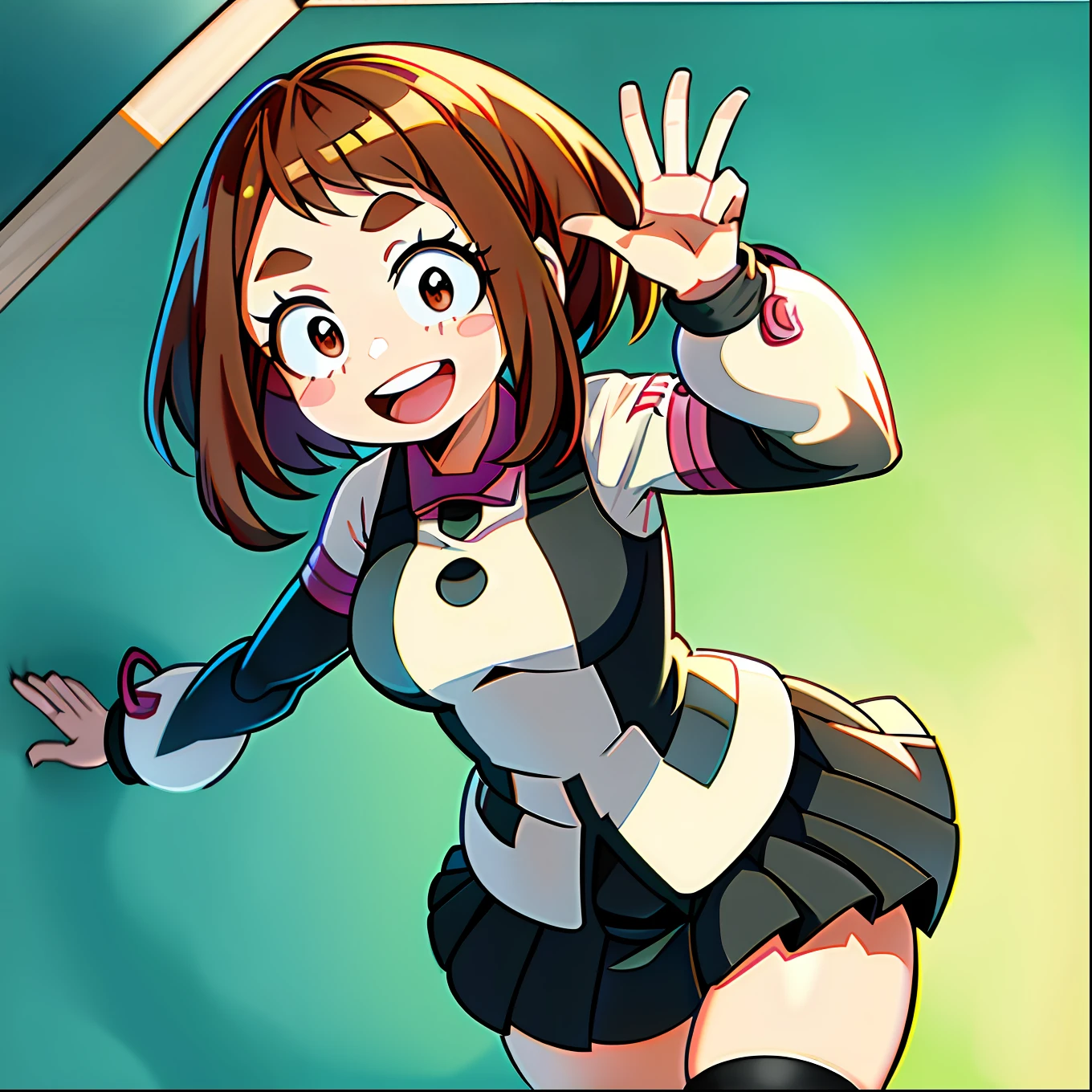 uraraka_ochako boku no hero academia 1girl, thick_eyebrows blush_stickers, brown_hair, brown_eyes, short_hair, sideburns, medium breasts skindantation smile :D blush u.a._school_uniform, grey_jacket long_sleeves, white_shirt red_necktie, mos green pleated_skirt, black stocking