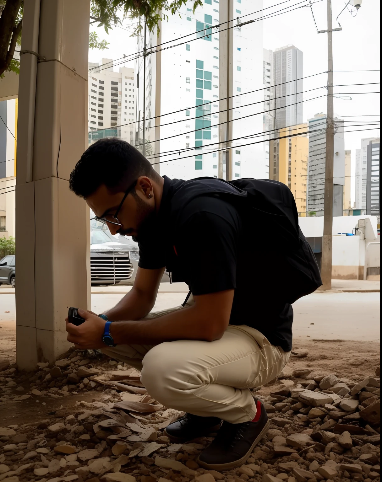 Araffe man kneeling on the floor with a phone in his hand, caio santos, In Sao Paulo, inspired by Antônio Parreiras, Henry Alvim Correa, looking at the floor, aesthetic shot, sitting on ground, São Paulo, A cena mais bonita, no meio da cidade com uma land rover evoque do lado junto a um malote de real brasileiro com um tema mais escuro