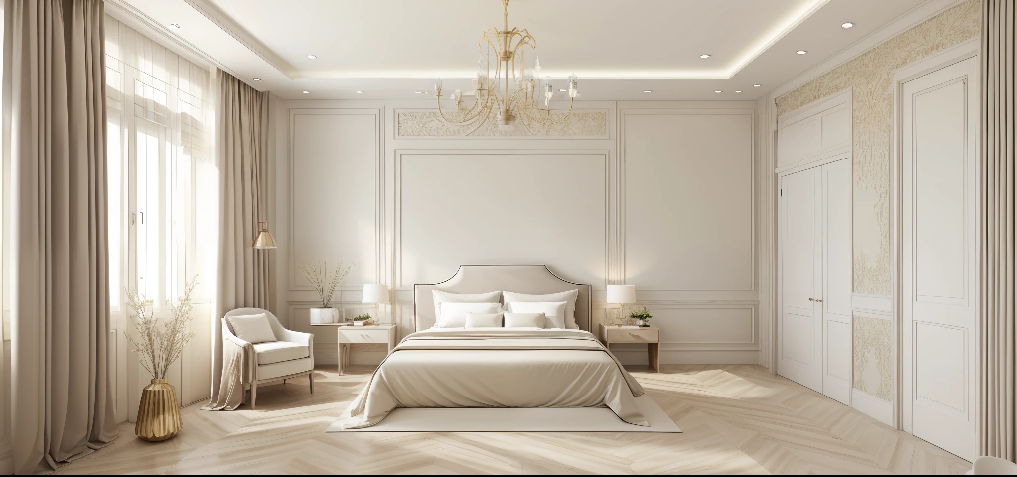 modern bedroom design, neoclassical style, image layout following the outline, 1 bed, 1 tab, 1 dressing table, 1 white curtain, 1 wall decoration, plaster ceiling flat white, (((light tone:1.3))