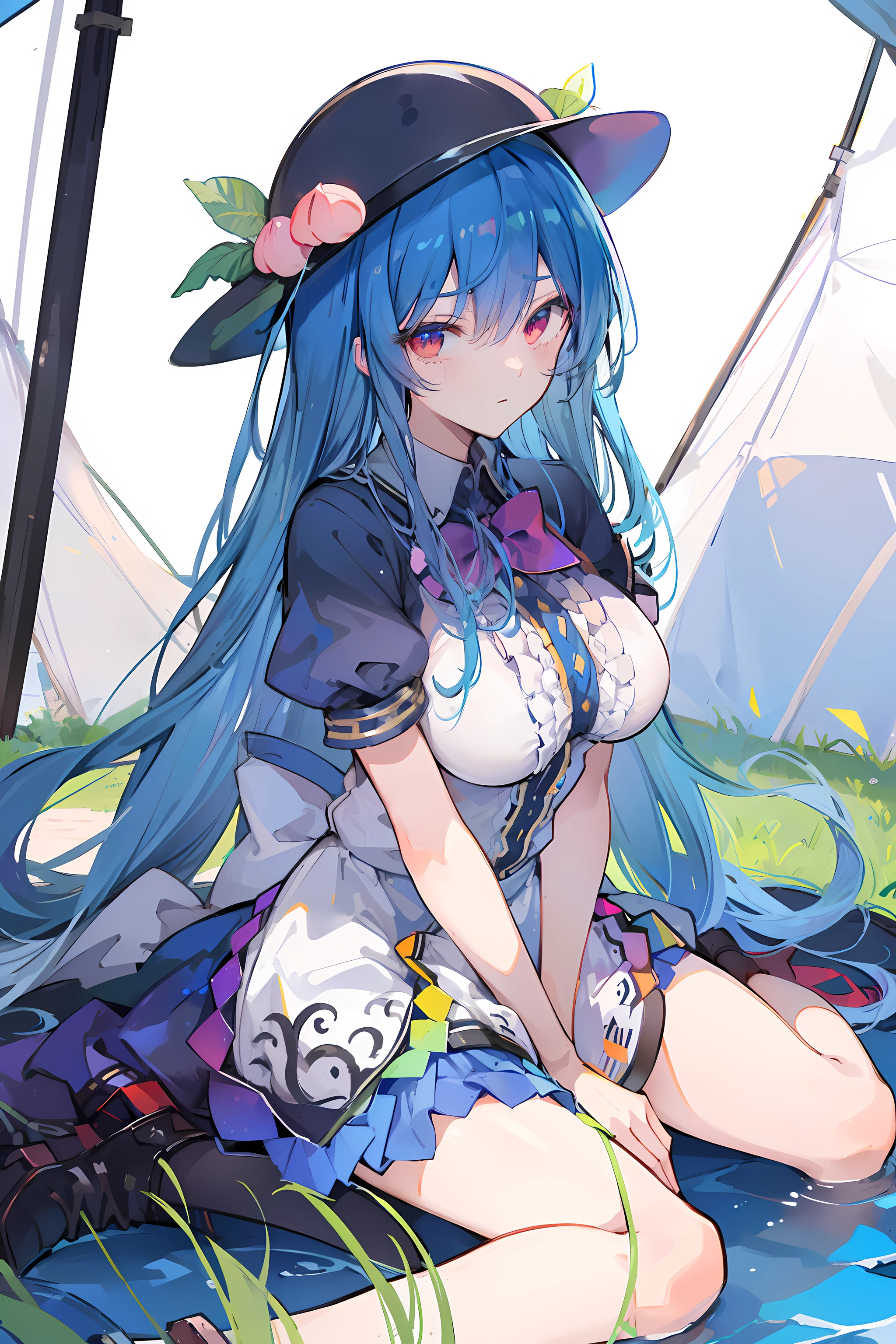 (masterpiece),best quality, expressive eyes, perfect face,w sitting, w sitting on ground, legs on ground, 1girl,
big breast, H-cup, good breast, crossing arms, beautiful, gorgeous,anime,girl,lora,hinanawi tenshi, blue hair, blue haired,tent boobs, tent chest, tent breast, floating clothes