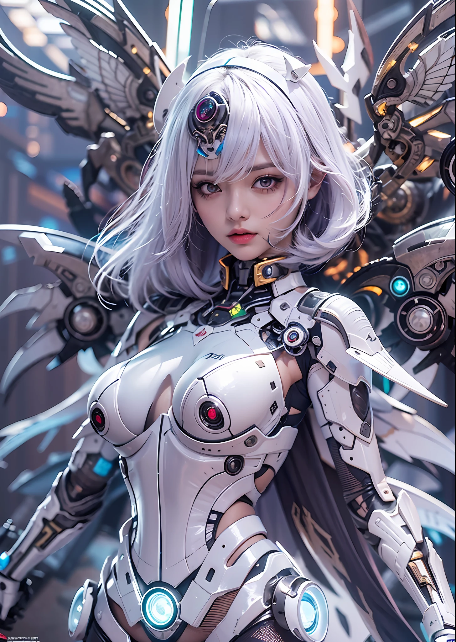 top-quality、​masterpiece、超A high resolution、(Photorealsitic:1.4)、Raw photo、Battle Cyborg Angel、large wings made of metal、White porcelain body、Acrylic Clear Cover、white  hair、glowy skin、1 Cyborg Girl、((super realistic details))、portlate、globalillumination、Shadow、octan render、8K、ultrasharp、character edge light,Colossal tits、Raw skin is exposed in cleavage、Details of complex ornaments、Gothloli details、Hydraulic cylinder、Small LED lamp、highly intricate detail、Realistic light、a purple eye、radiant eyes、Facing the camera、neon details、cowboy  shot、Futuristic headgear、About Cyberpunk、、